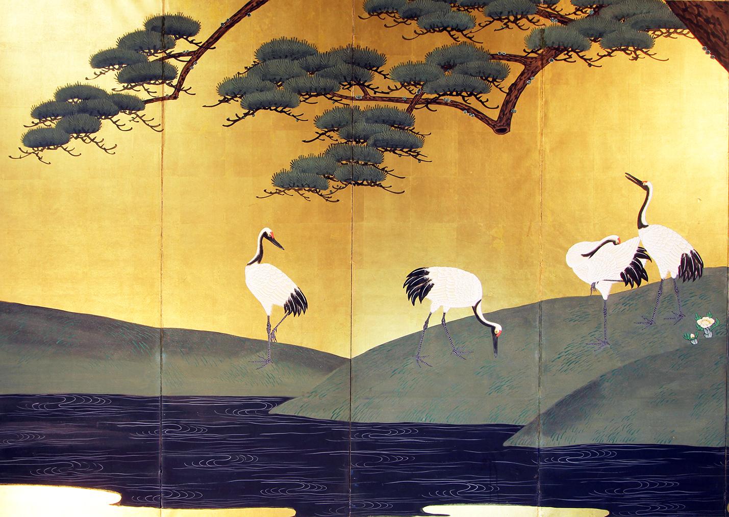 This Japanese screen is a beautiful example of a landscape with a large pine tree, cranes in the water, it gives off a pleasant feeling of harmony in nature.
The work is from the end of the Edo period, the artist is unknown, but certainly from the