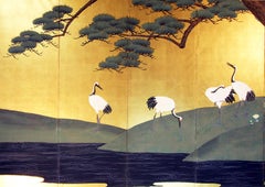 19th Century, Edo Japanese Folding Screen Six Panels Gold Leaf
