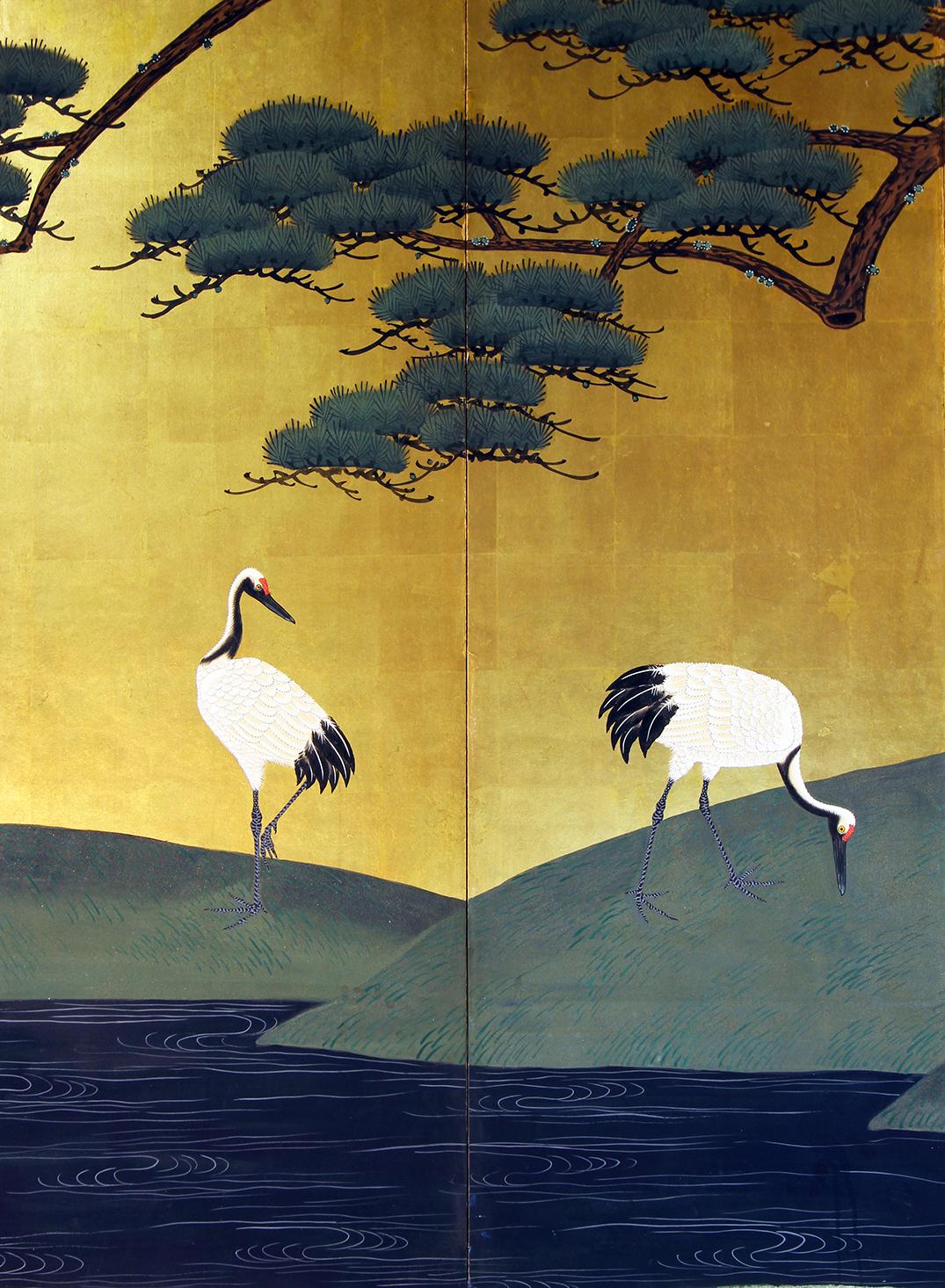 Hand-Painted 19th Century, Edo Japanese Folding Screen Six Panels Gold Leaf For Sale