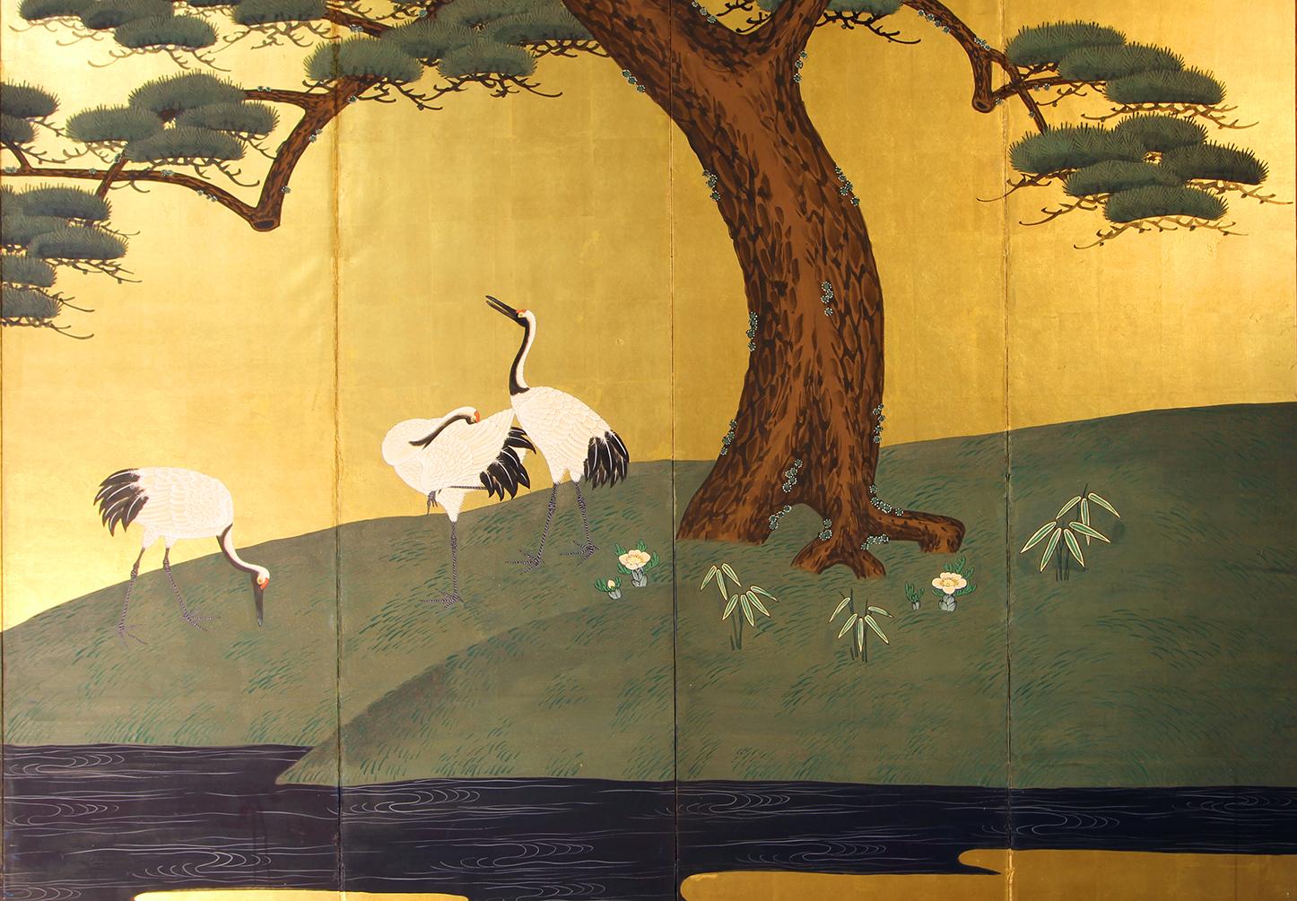 19th Century, Edo Japanese Folding Screen Six Panels Gold Leaf In Good Condition For Sale In Brescia, IT