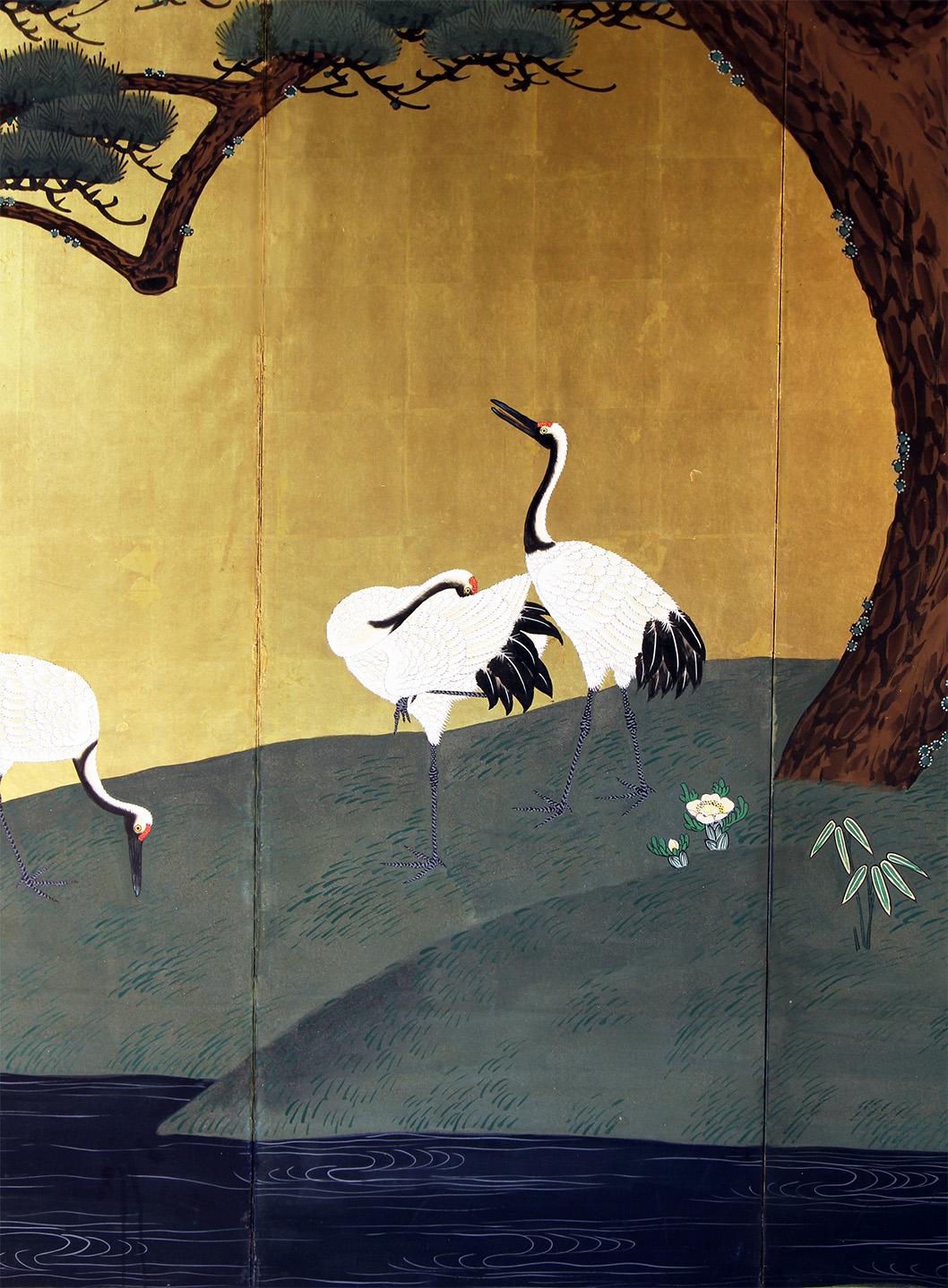Late 19th Century 19th Century, Edo Japanese Folding Screen Six Panels Gold Leaf For Sale