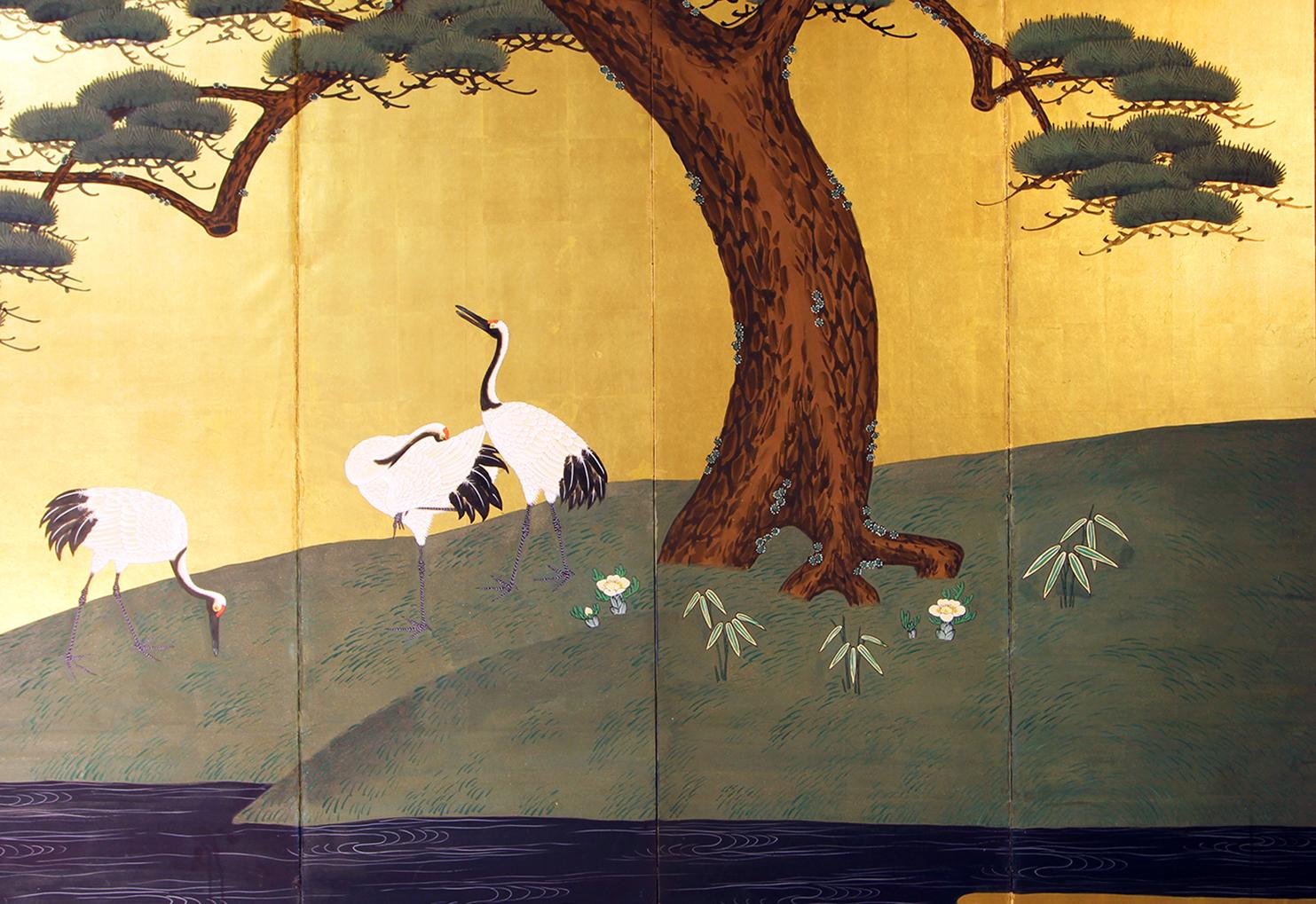 19th Century, Edo Japanese Folding Screen Six Panels Gold Leaf For Sale 2