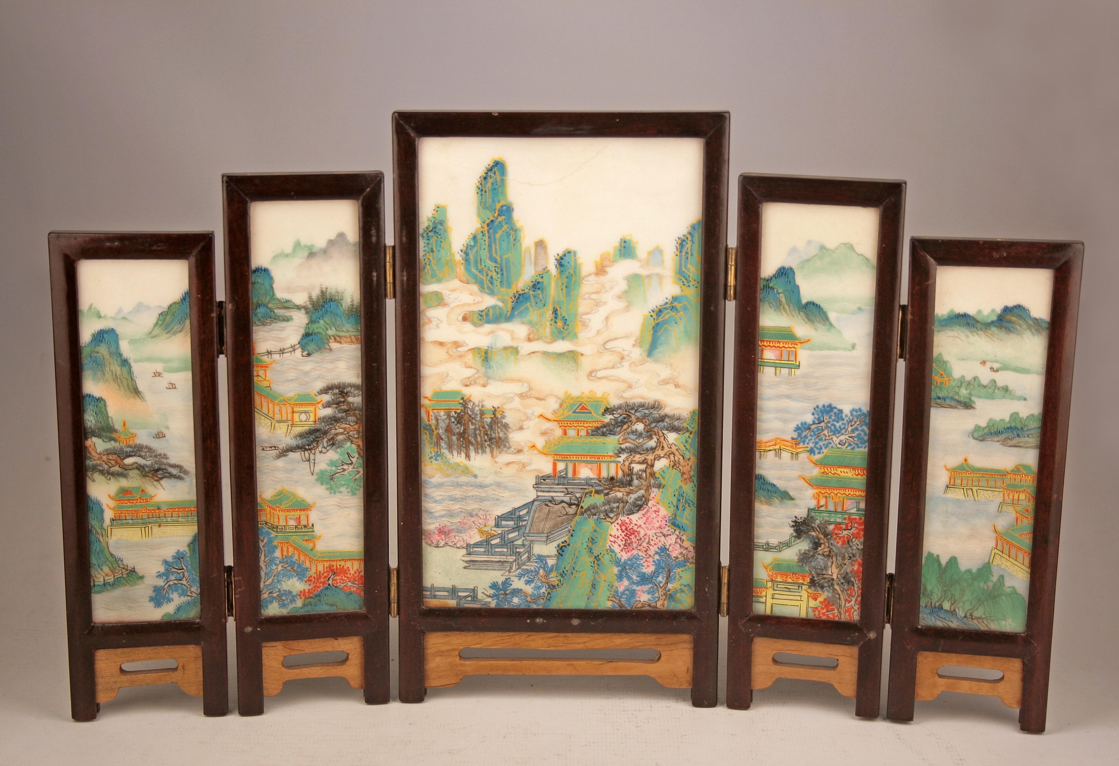 Carved 19th C. Edo-Meiji Period Japanese Painted Five-Panel Folding Miniature Screen For Sale