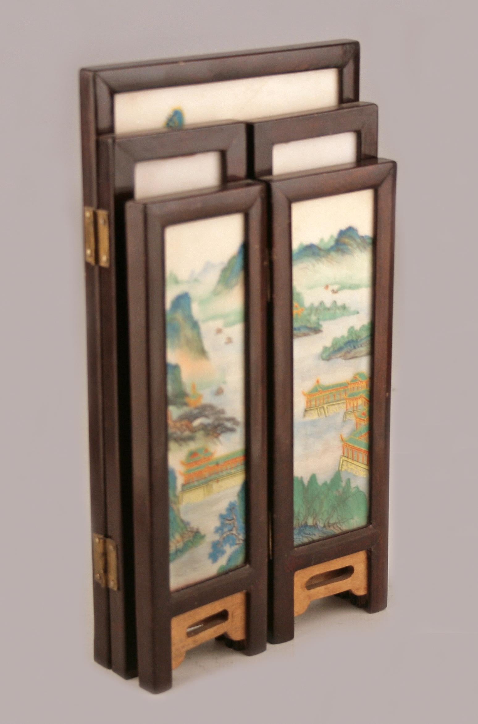 Metal 19th C. Edo-Meiji Period Japanese Painted Five-Panel Folding Miniature Screen For Sale