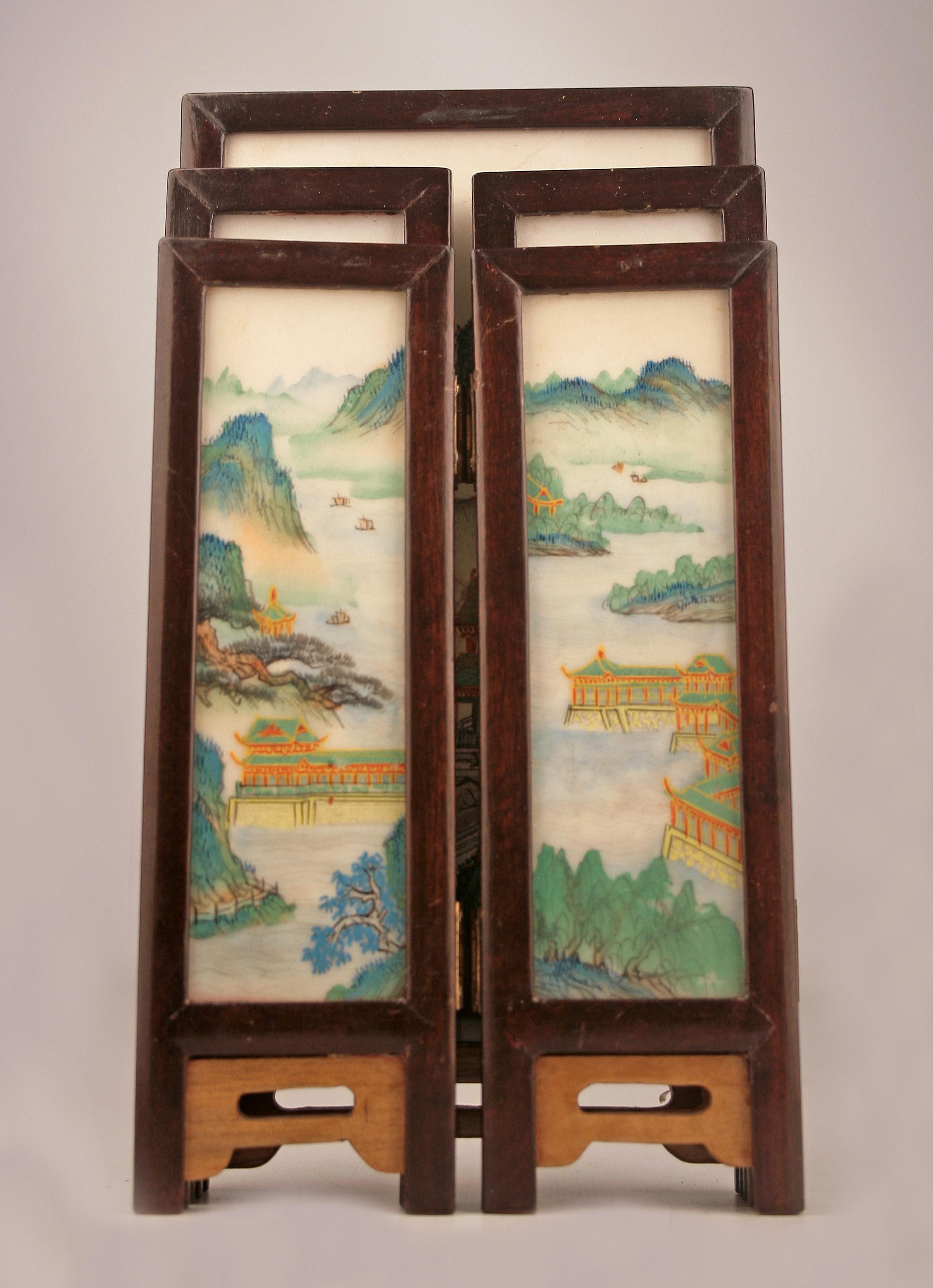 19th C. Edo-Meiji Period Japanese Painted Five-Panel Folding Miniature Screen For Sale 2
