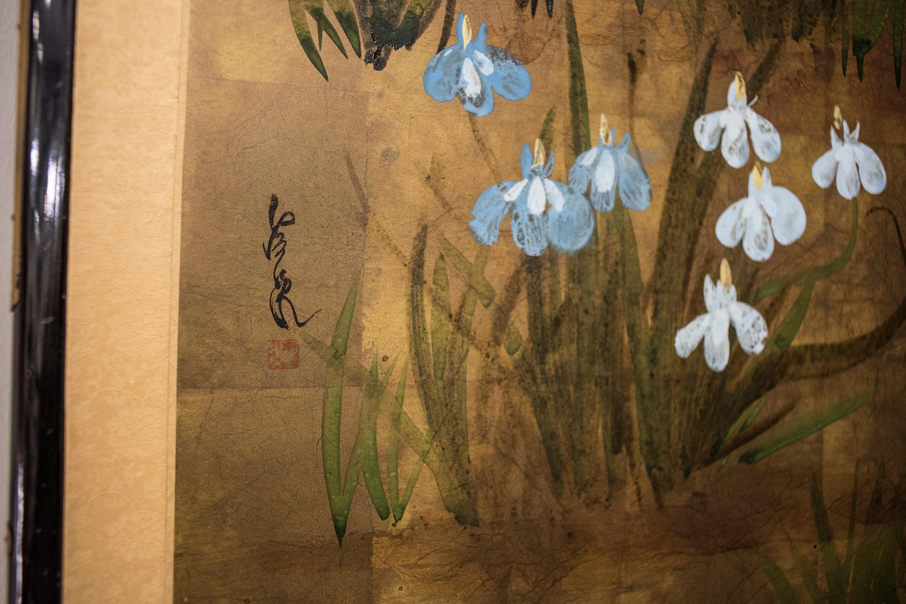 19th Century Edo Painted with Iris Japanese Signed Byobu Screen 4