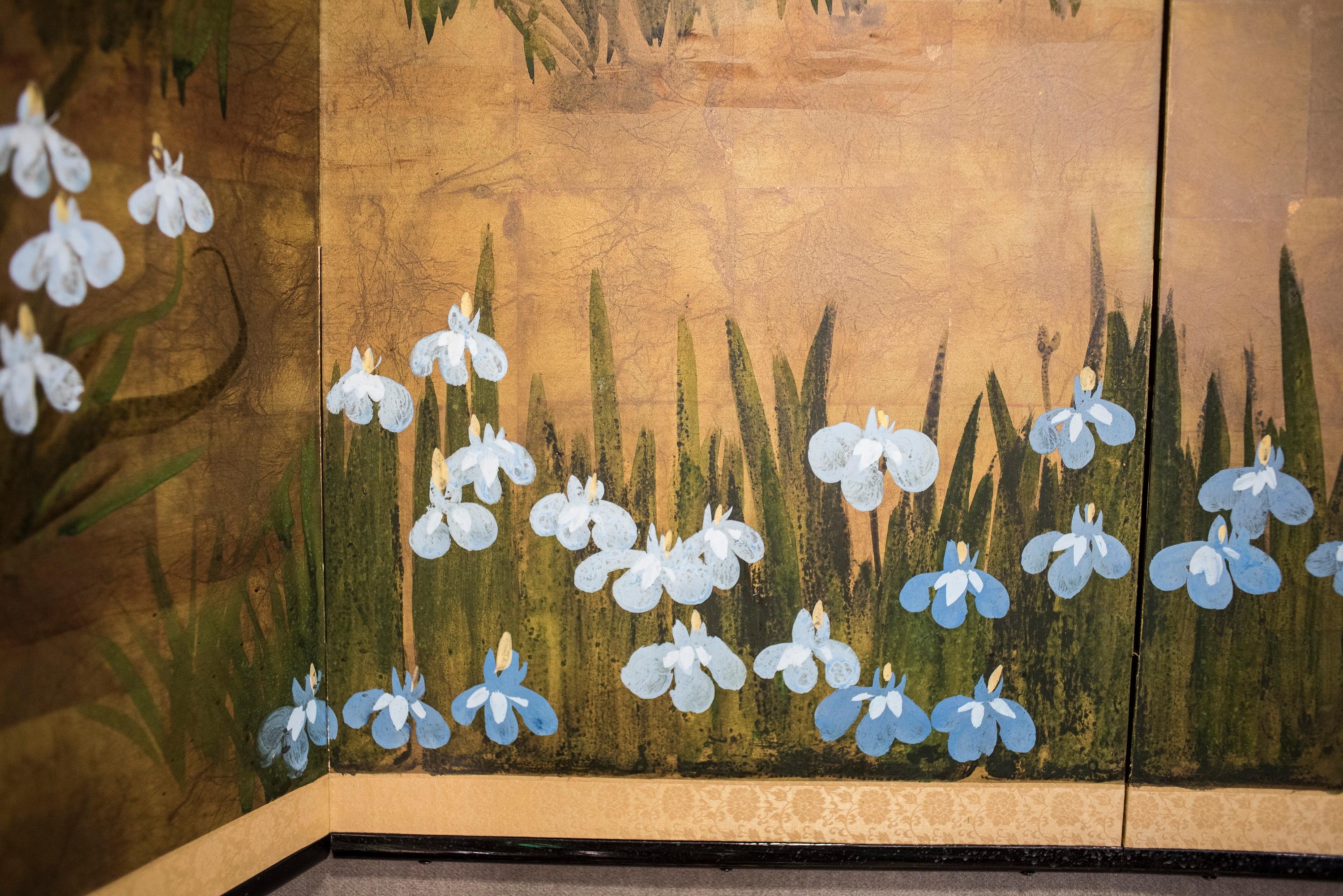 19th Century Edo Painted with Iris Japanese Signed Byobu Screen 5