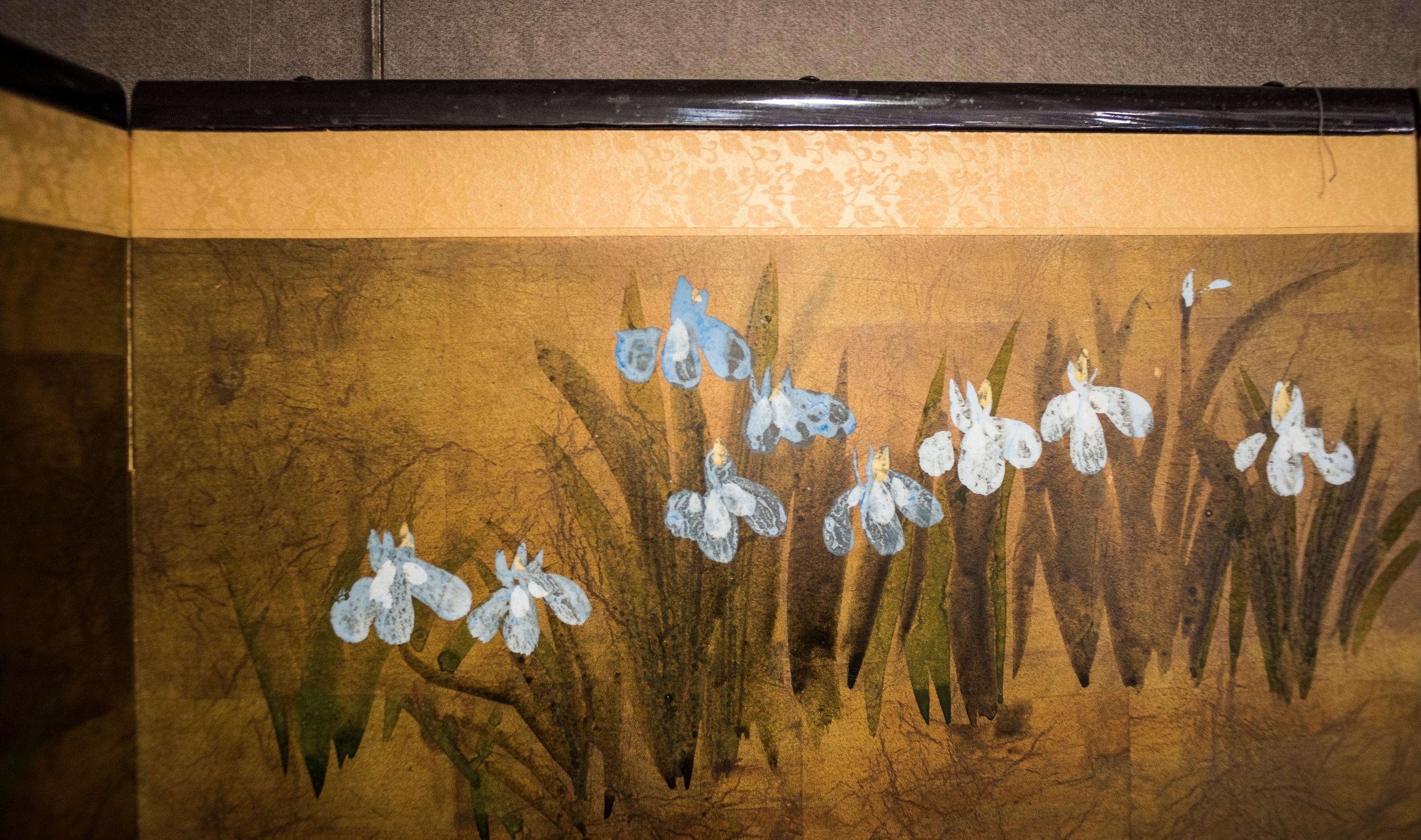 19th Century Edo Painted with Iris Japanese Signed Byobu Screen 6