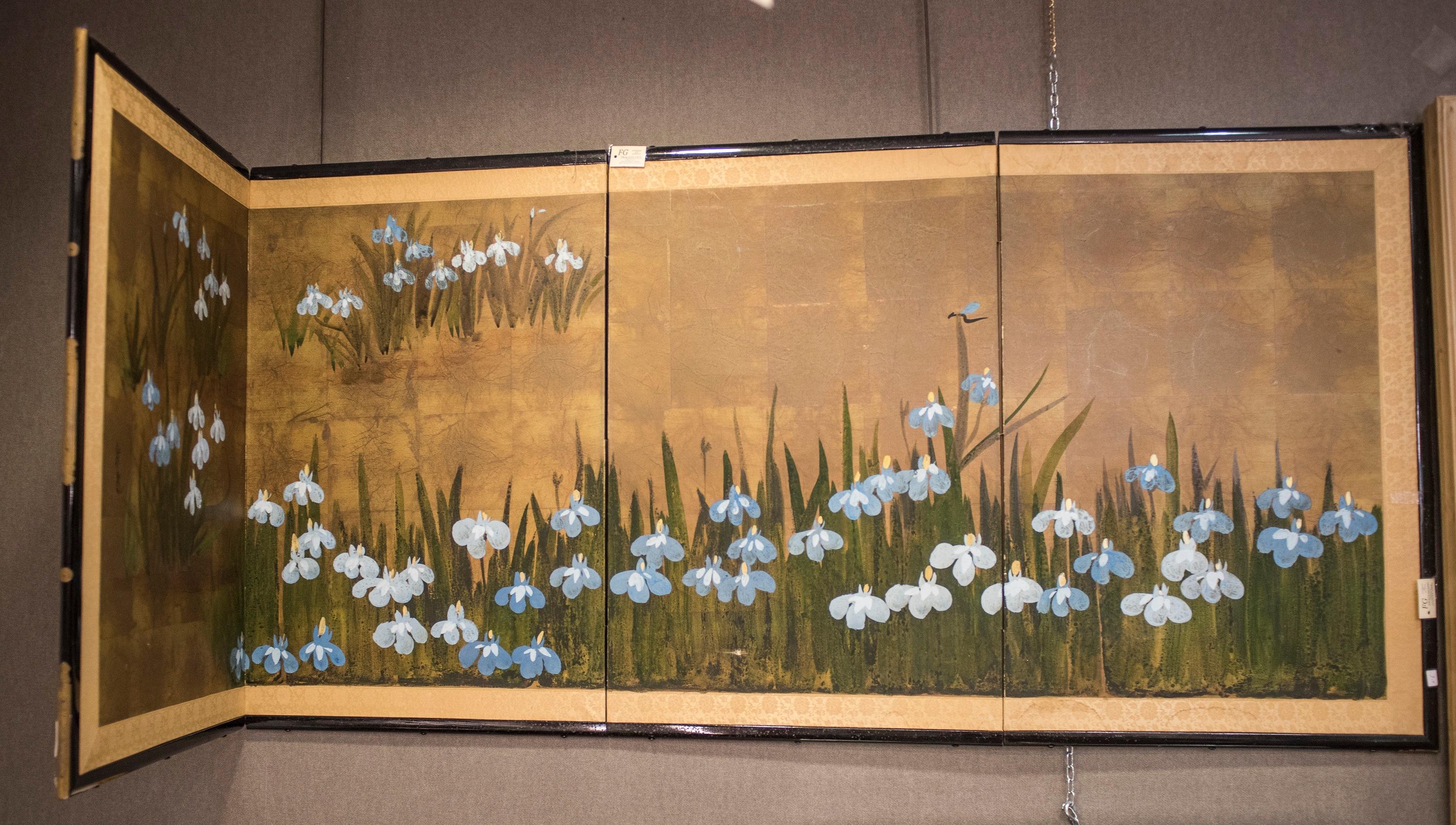 19th Century Edo Painted with Iris Japanese Signed Byobu Screen 8