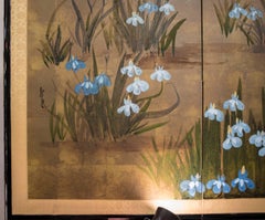 19th Century Edo Painted with Iris Japanese Signed Byobu Screen