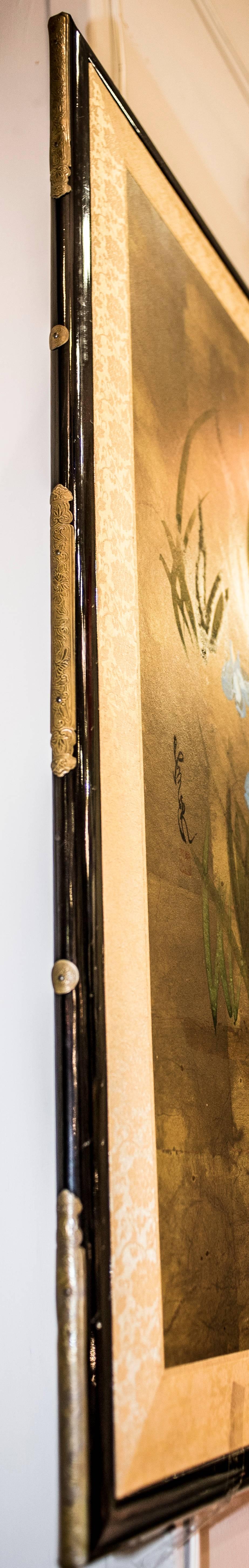 Metalwork 19th Century Edo Painted with Iris Japanese Signed Byobu Screen