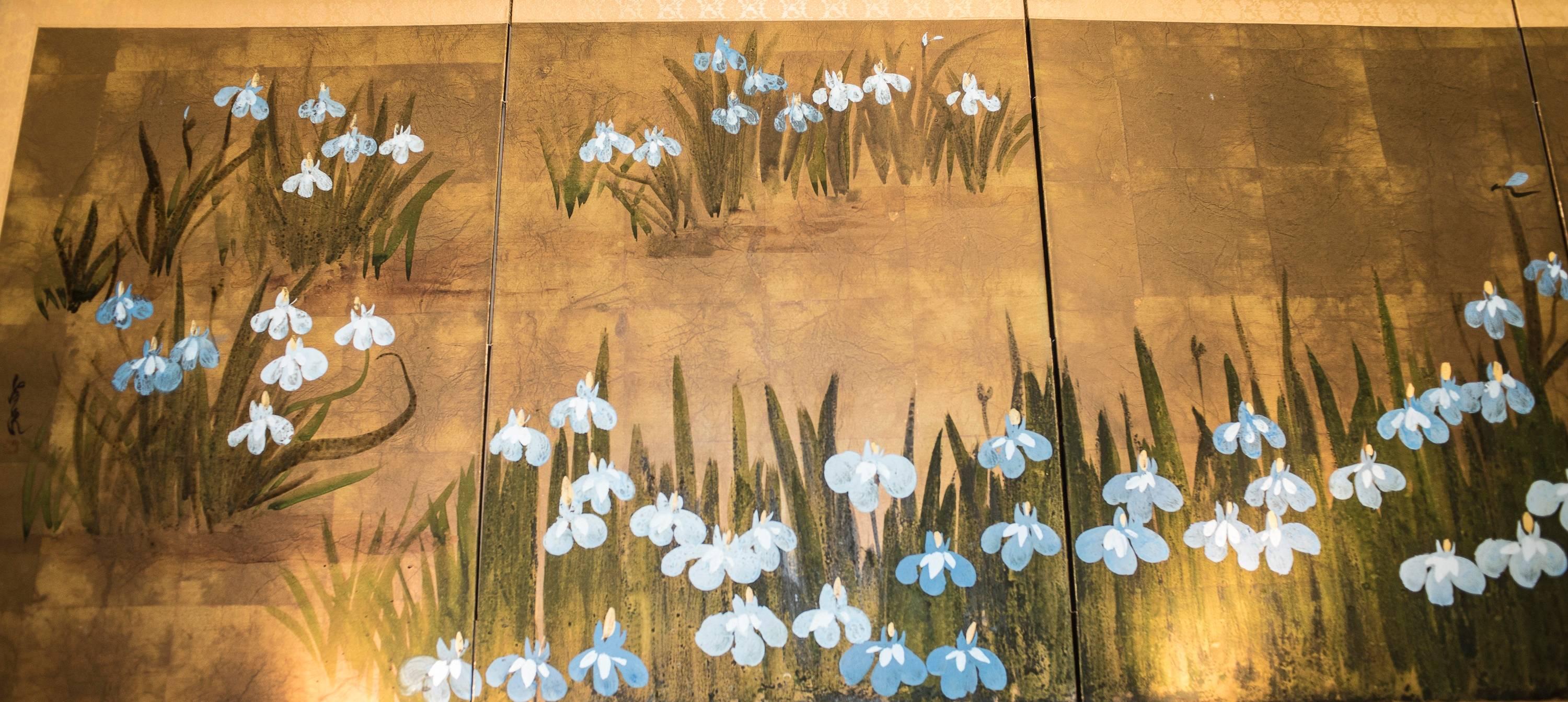 19th Century Edo Painted with Iris Japanese Signed Byobu Screen In Excellent Condition In Valladolid, ES