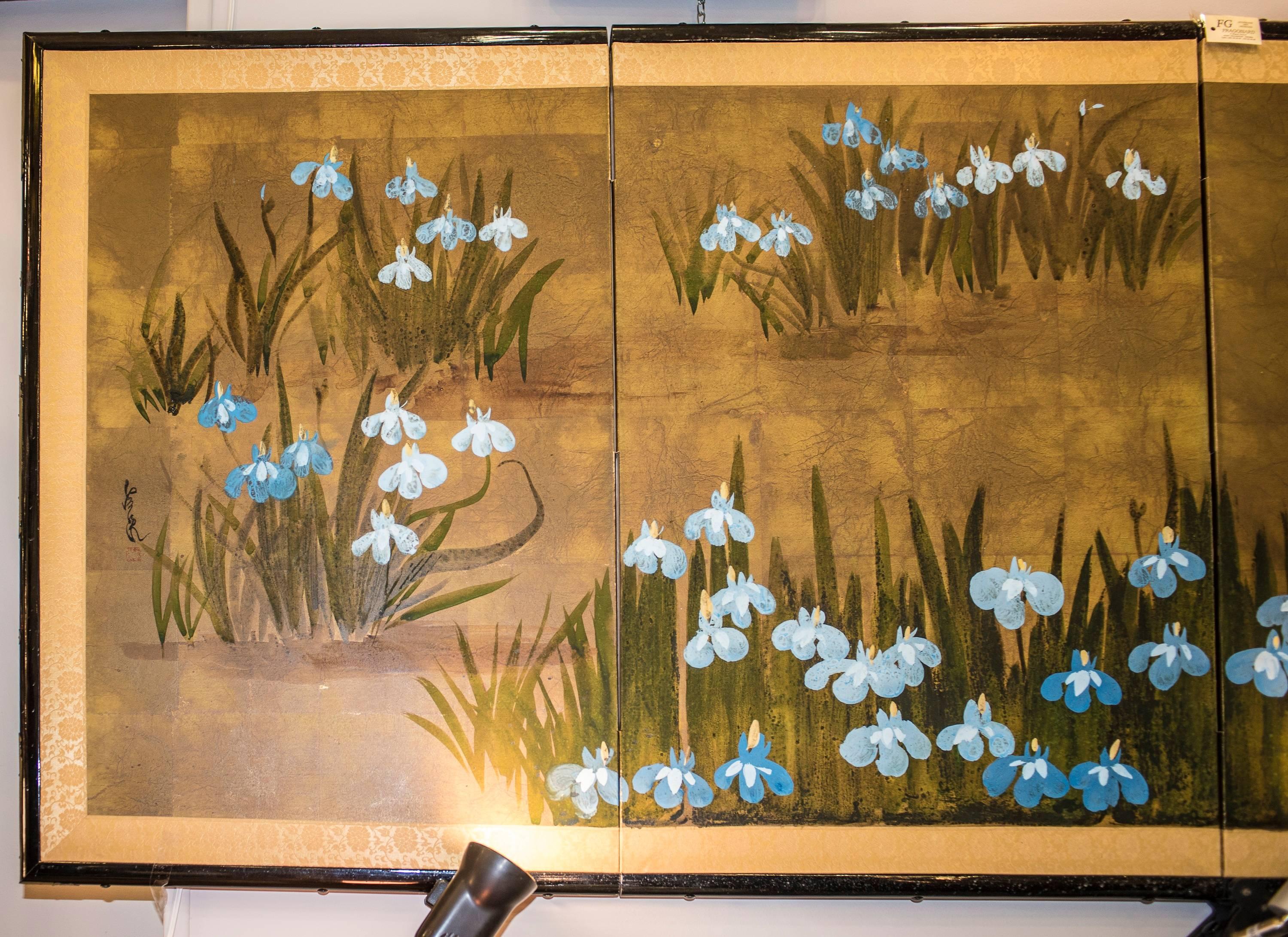Late 19th Century 19th Century Edo Painted with Iris Japanese Signed Byobu Screen