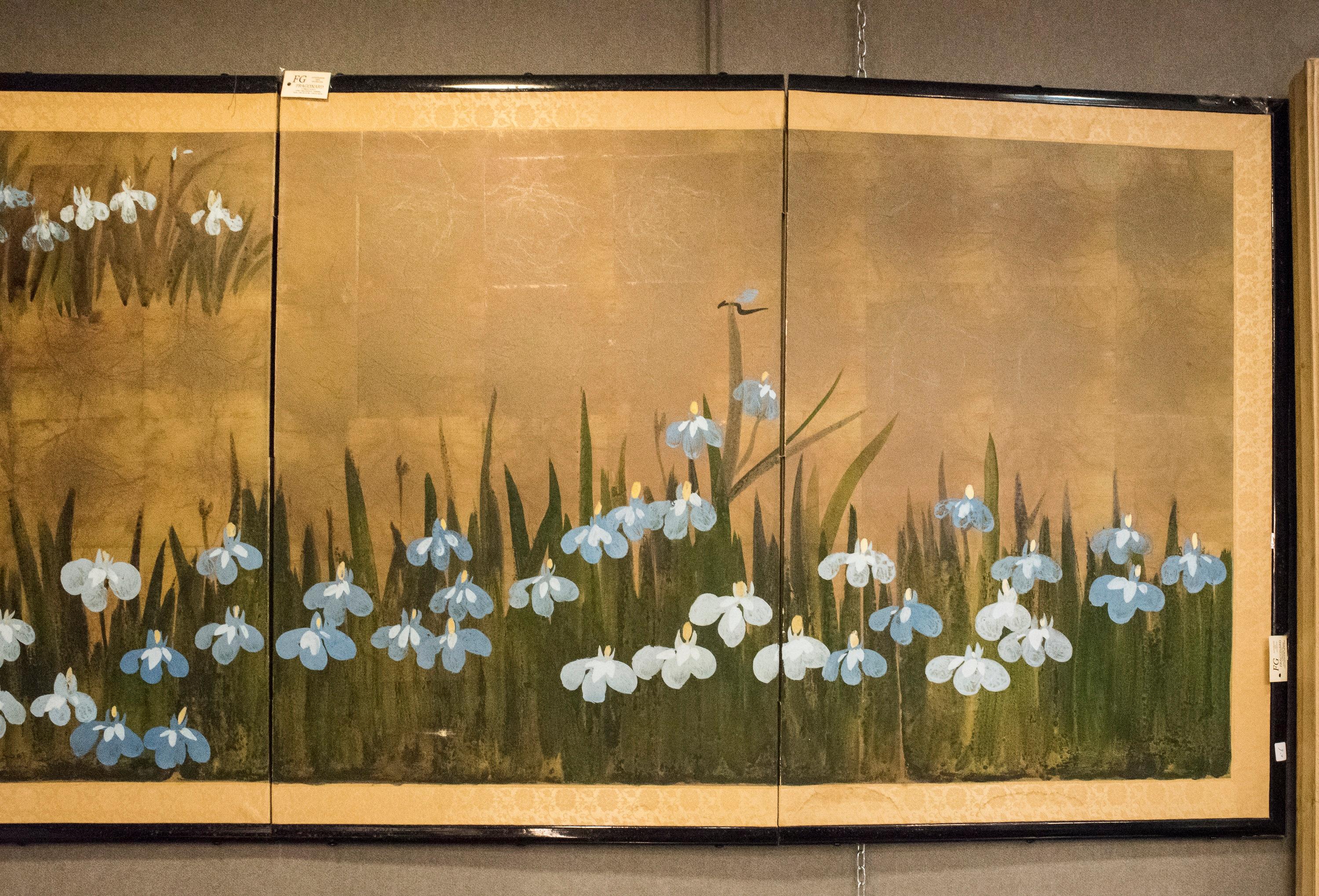 19th Century Edo Painted with Iris Japanese Signed Byobu Screen 1