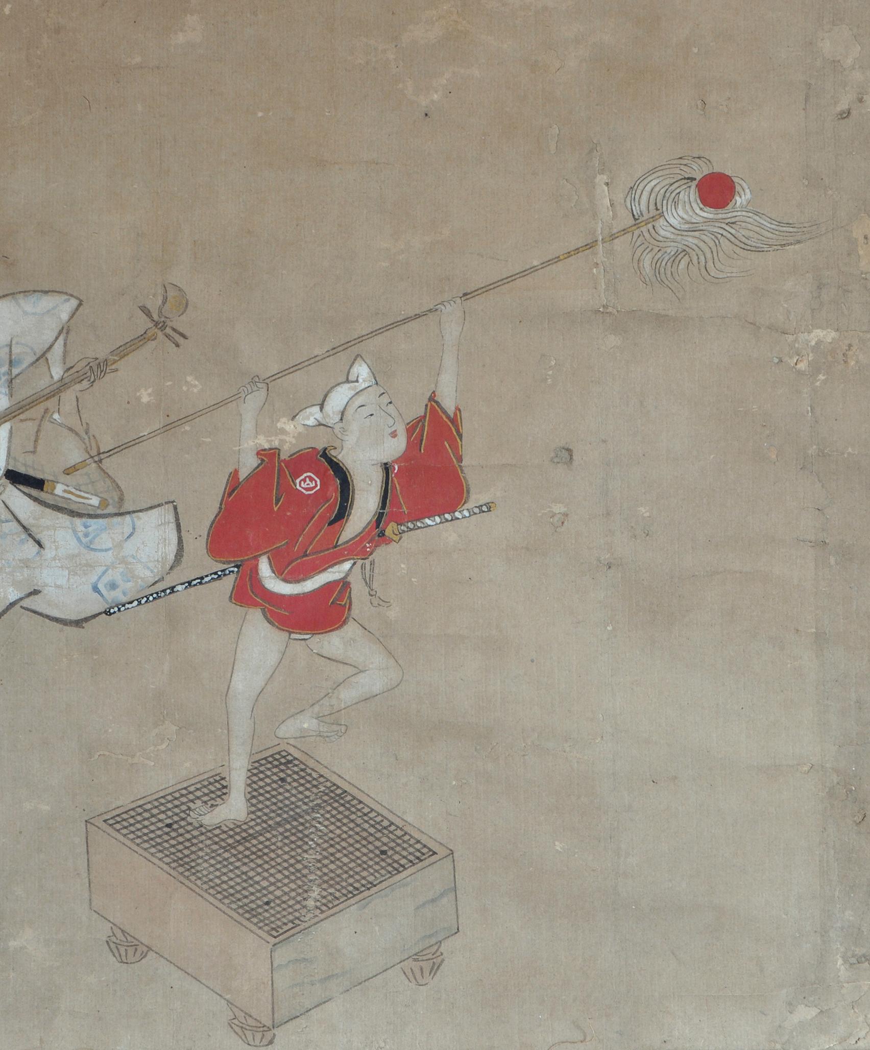 Japonisme 19th century Edo period's Hanging scroll Samurai players and child dancer For Sale
