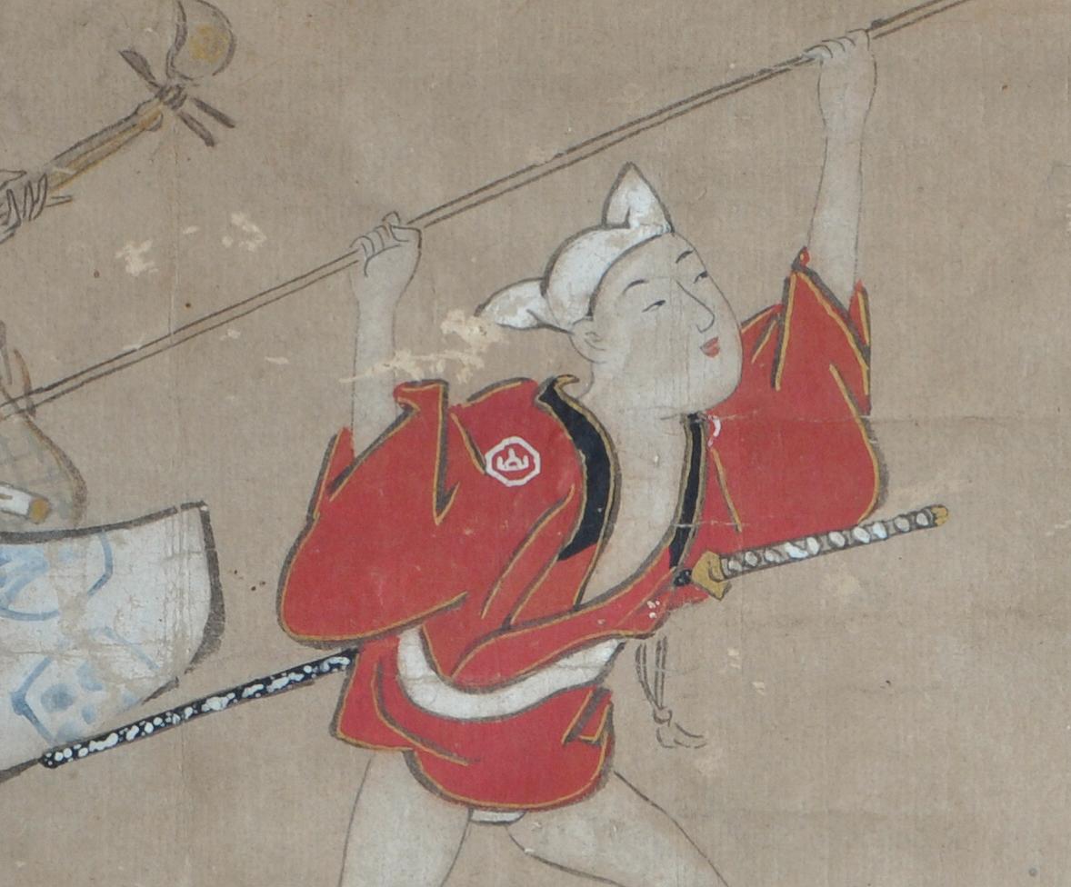 Japanese 19th century Edo period's Hanging scroll Samurai players and child dancer For Sale