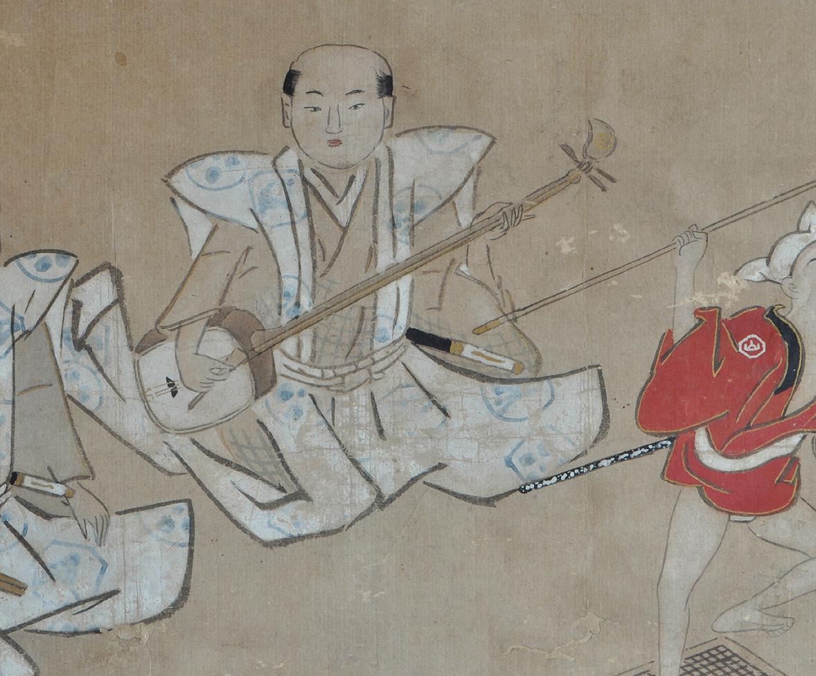 19th century Edo period's Hanging scroll Samurai players and child dancer In Fair Condition For Sale In Chiba, JP