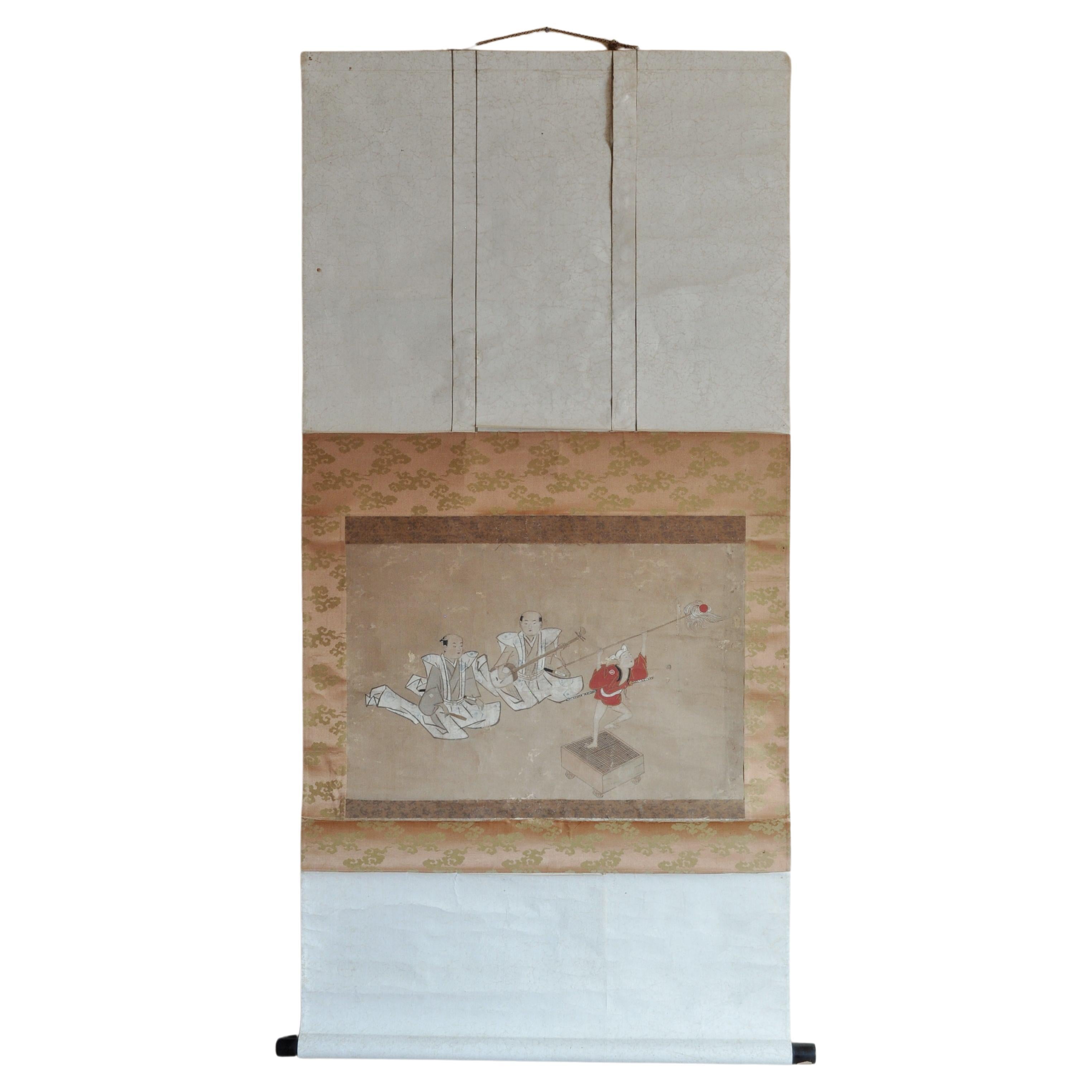 19th century Edo period's Hanging scroll Samurai players and child dancer For Sale
