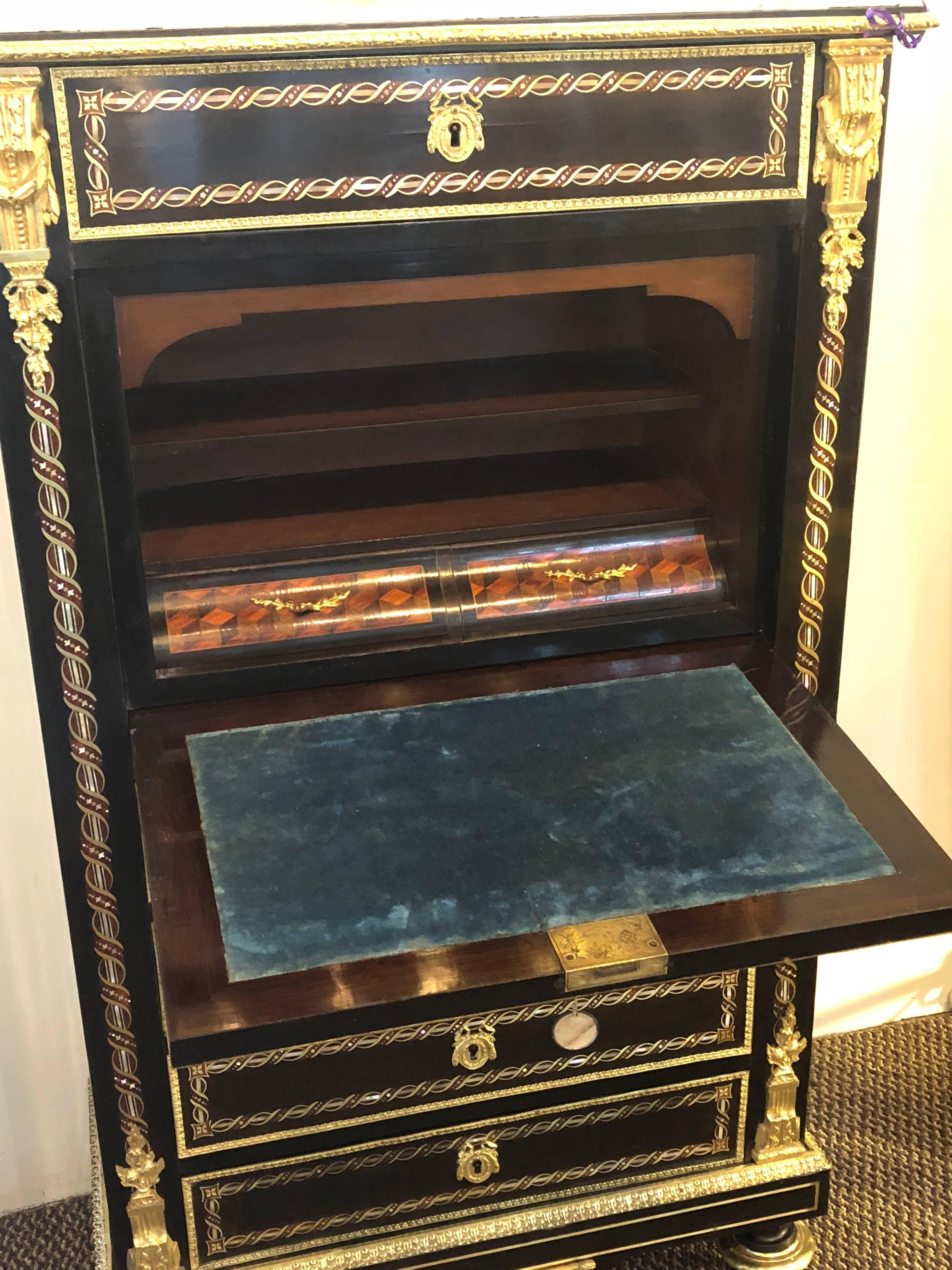 Edwardian, Tall Secretaire, Black Lacquer, Bronze, Abalone Inlay, Marble, 1880s For Sale 4