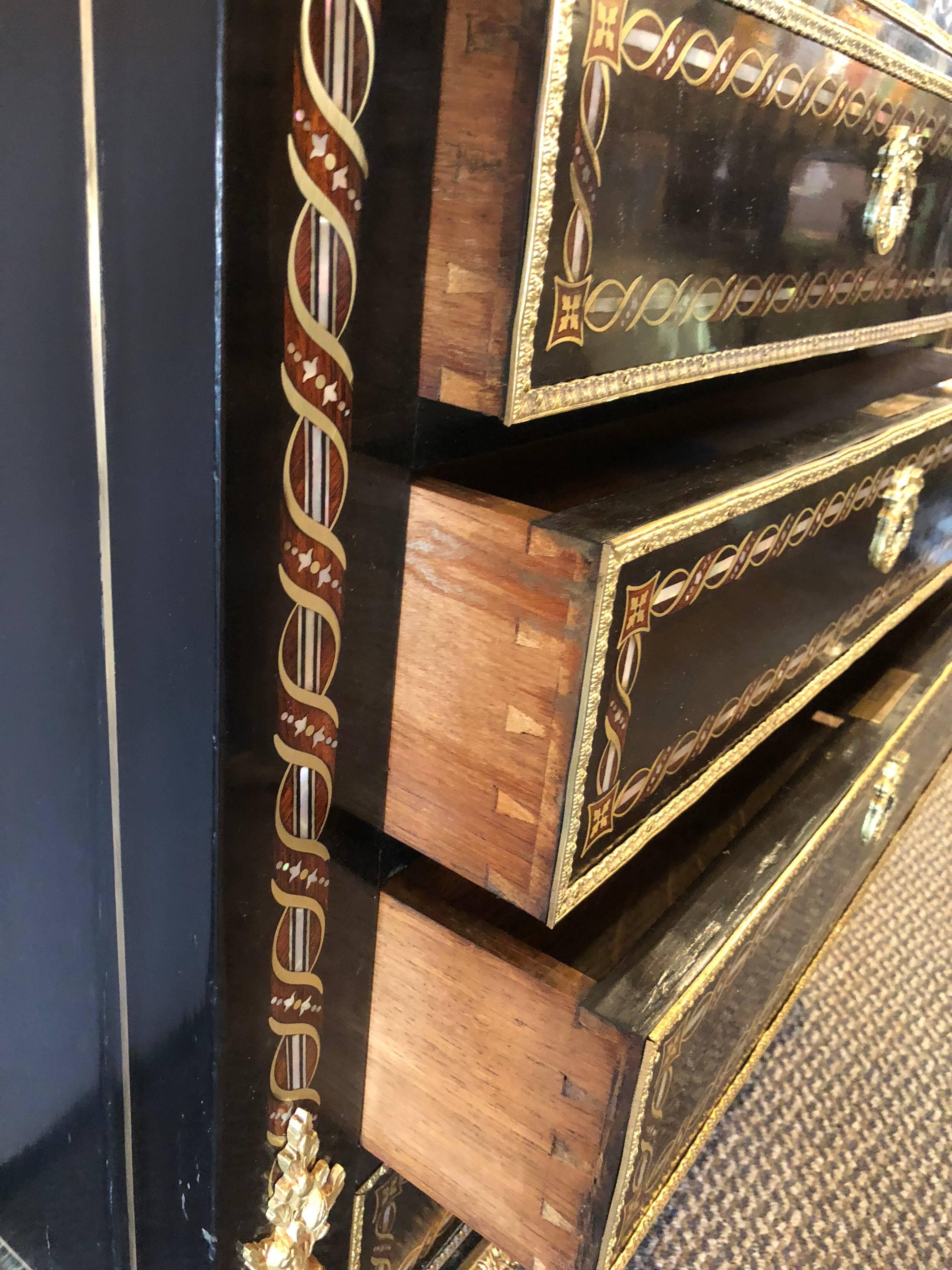 Edwardian, Tall Secretaire, Black Lacquer, Bronze, Abalone Inlay, Marble, 1880s For Sale 1