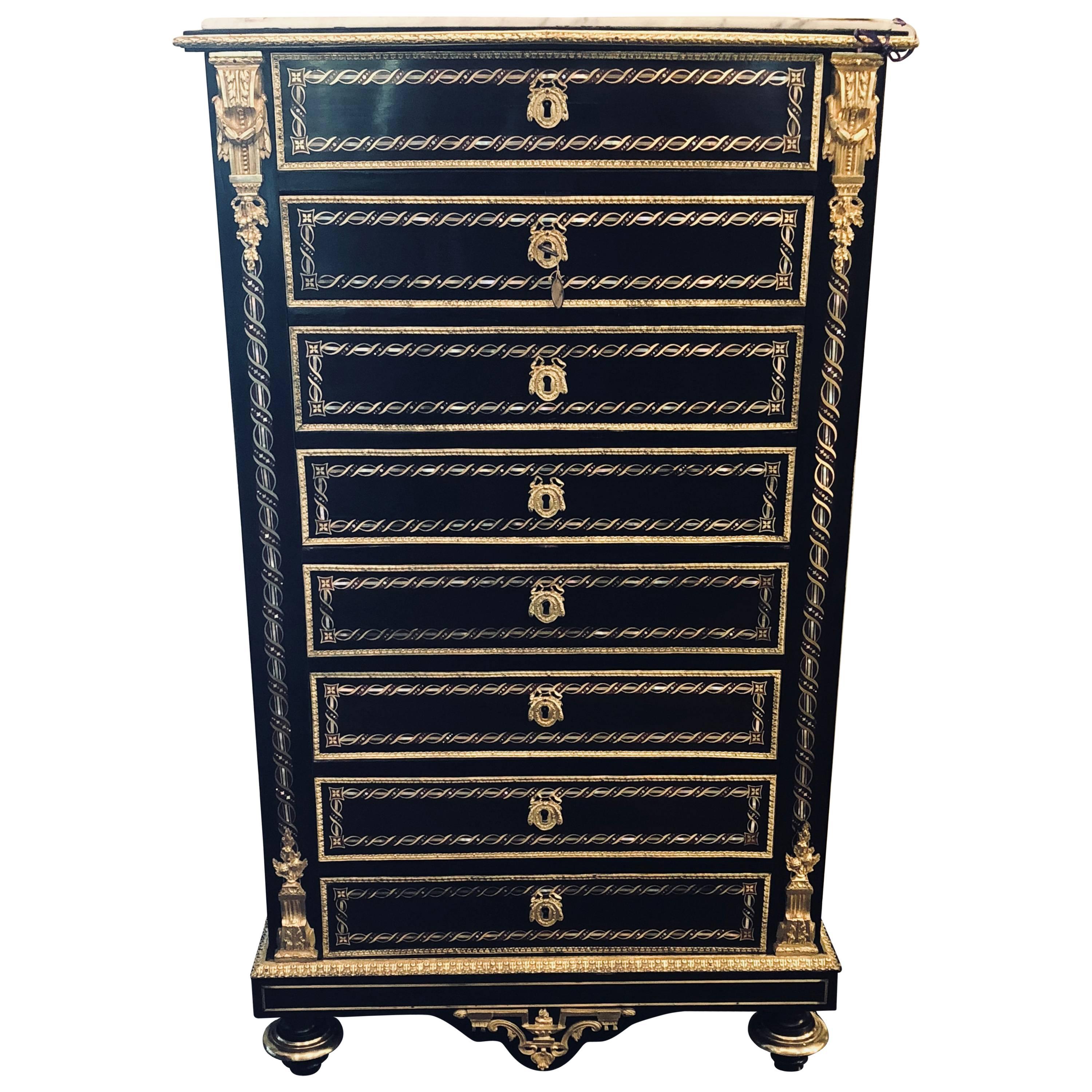 Edwardian, Tall Secretaire, Black Lacquer, Bronze, Abalone Inlay, Marble, 1880s For Sale