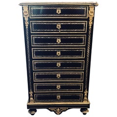 Edwardian, Tall Secretaire, Black Lacquer, Bronze, Abalone Inlay, Marble, 1880s