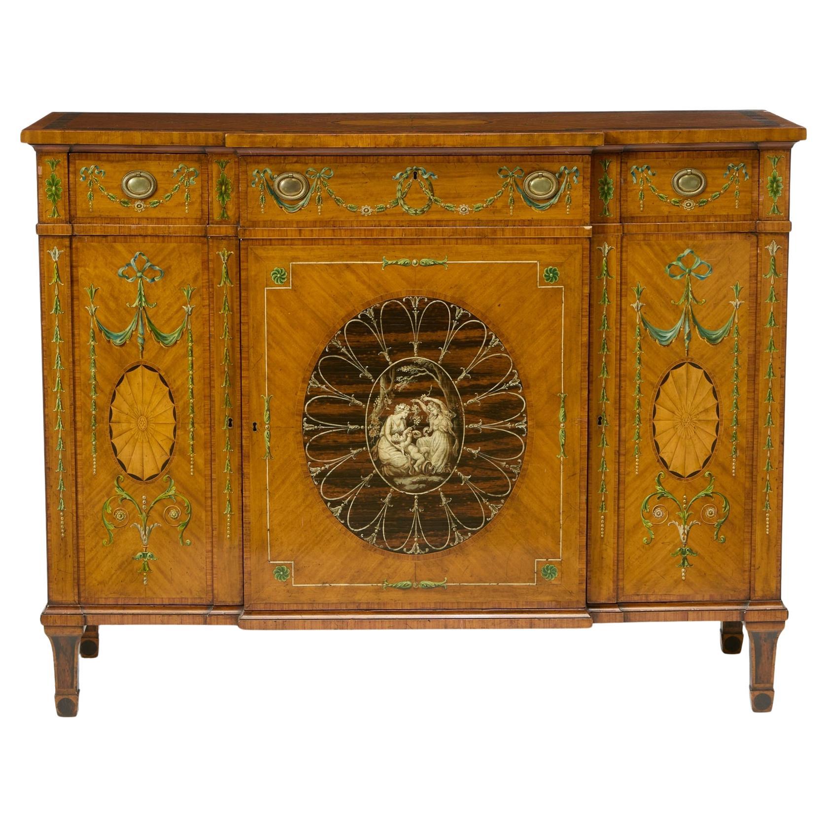19th Century Edwardian Calamander Tulipwood Inlaid 
Painted Satinwood Sideboard