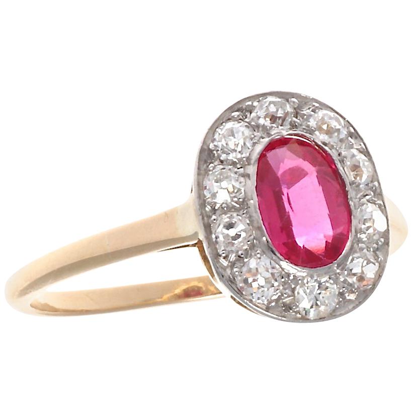 Edwardian Ruby Diamond Platinum Halo Ring