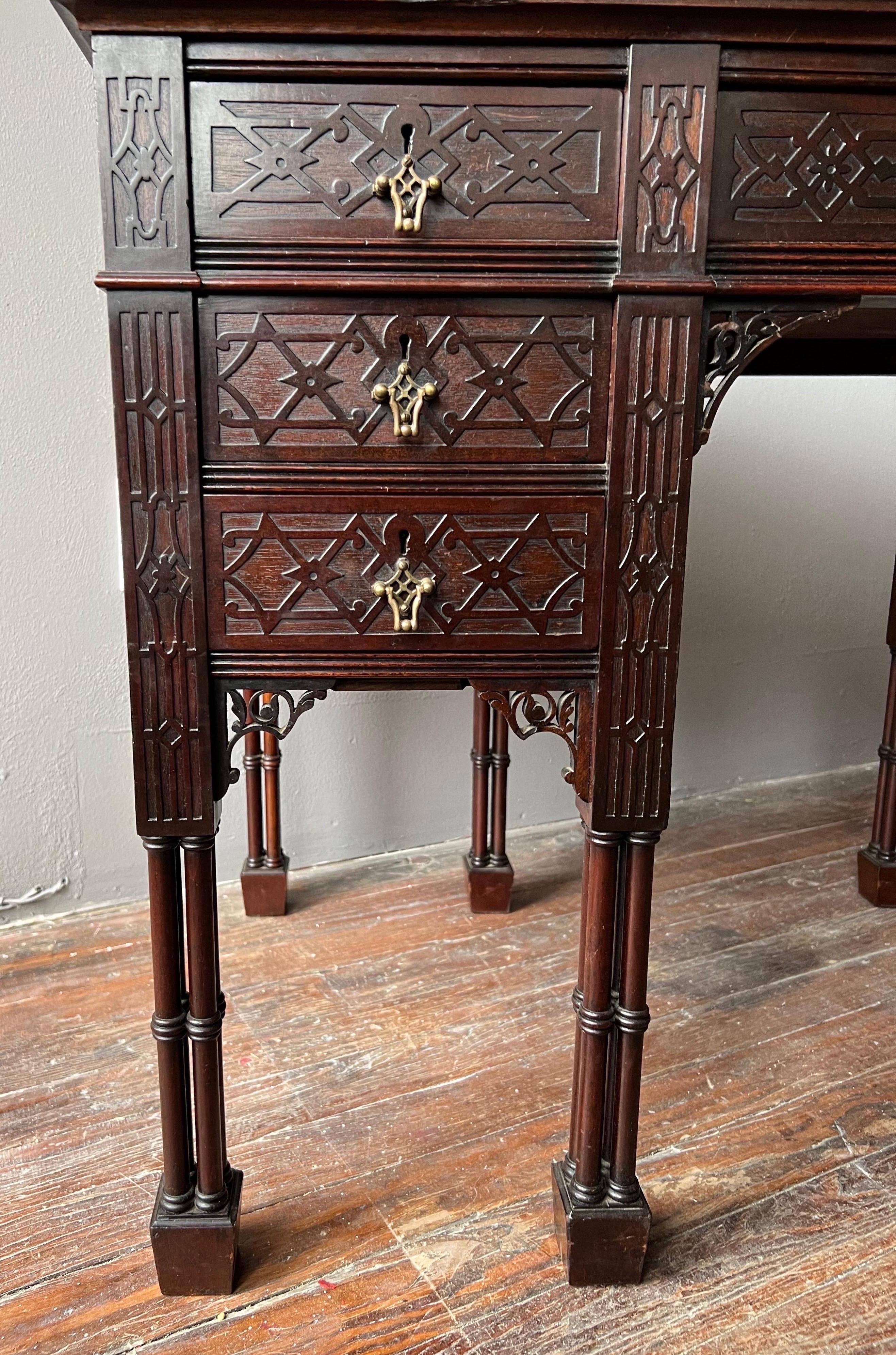 Gothic Revival 19th Century Edwards and Roberts Leather Top Desk with Faux Bamboo Legs For Sale