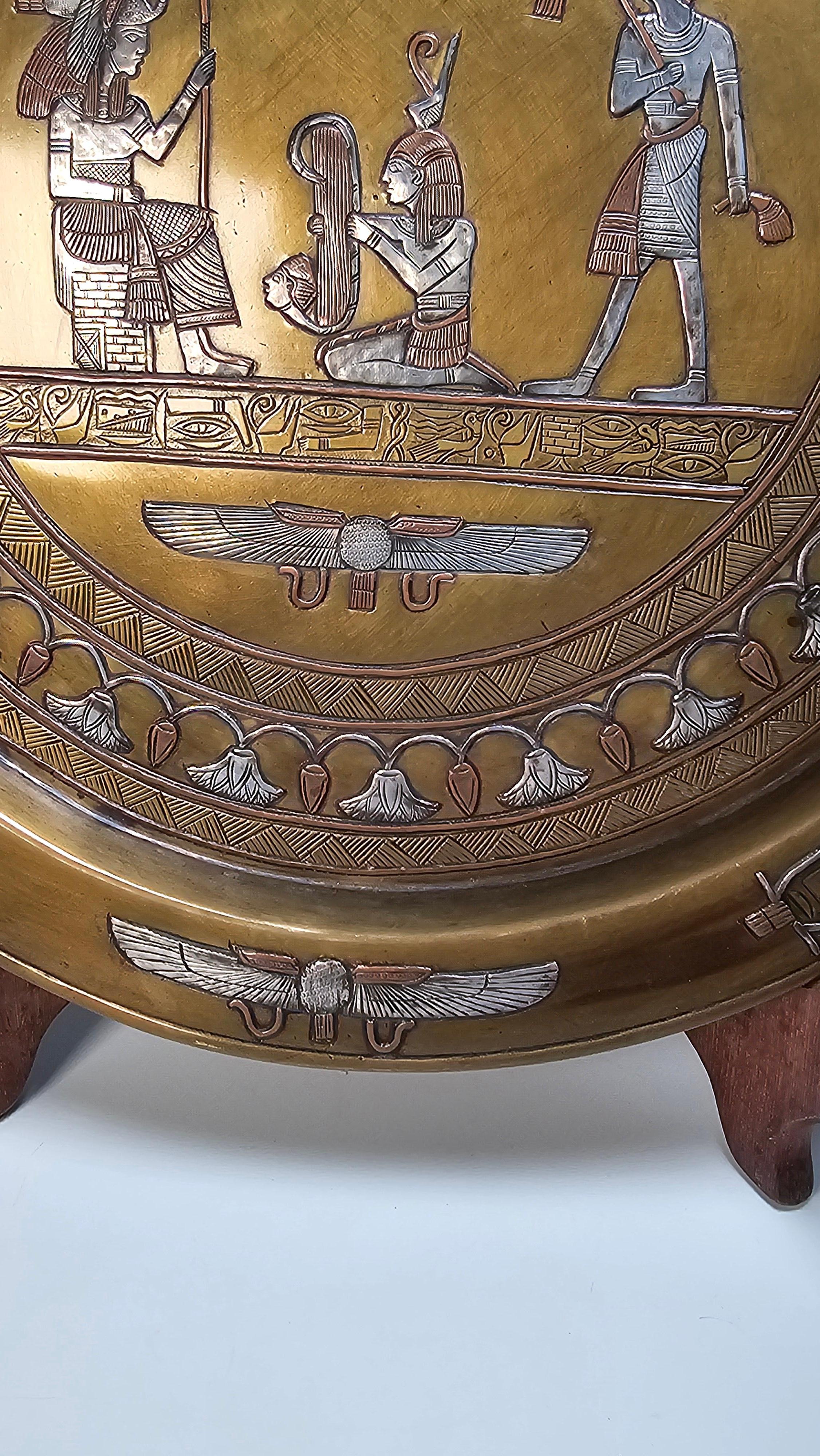 Embossed 19th century Egyptian Grand Tour Cairo Ware silver inlay charger. For Sale