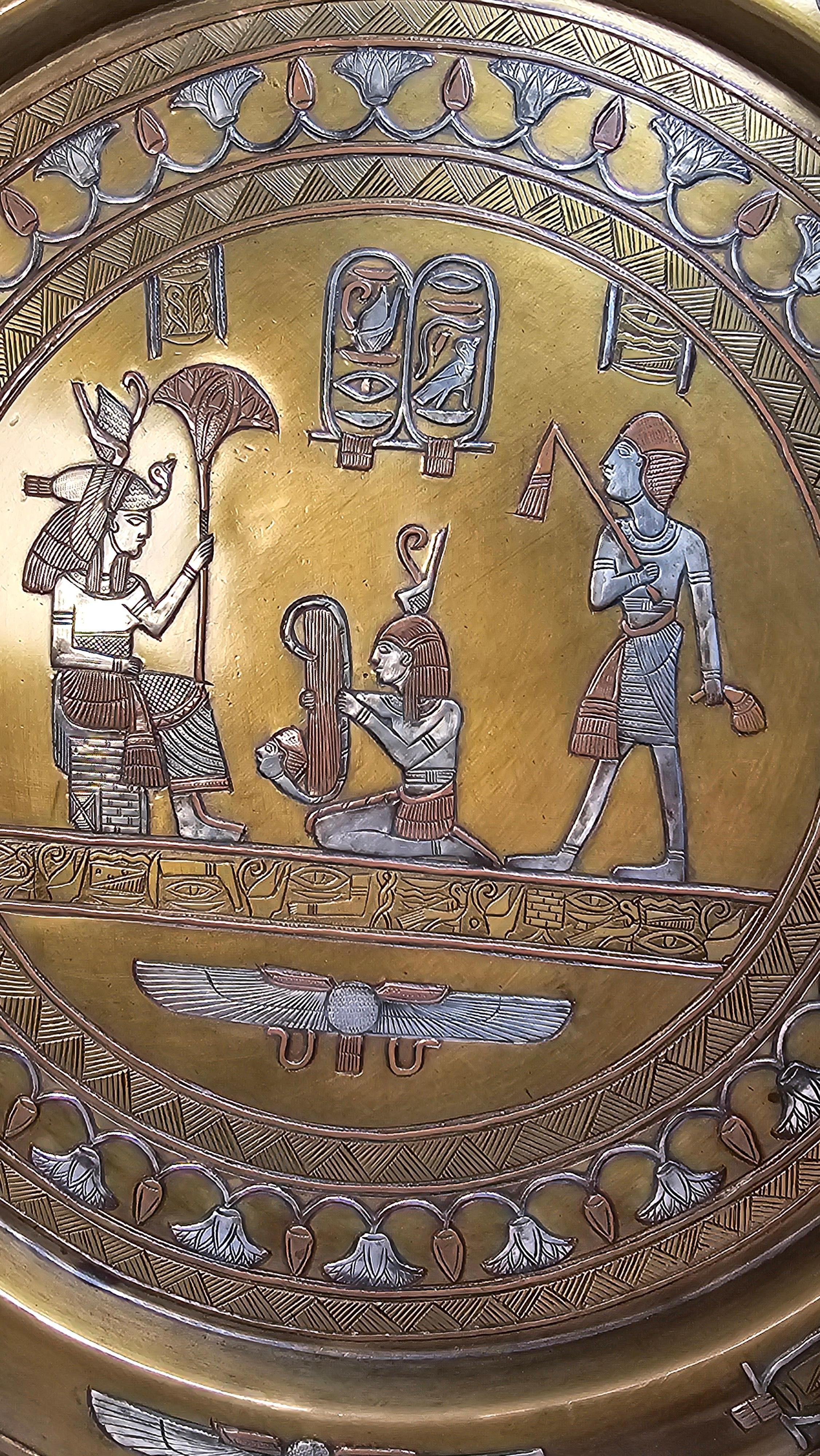 Bronze 19th century Egyptian Grand Tour Cairo Ware silver inlay charger. For Sale