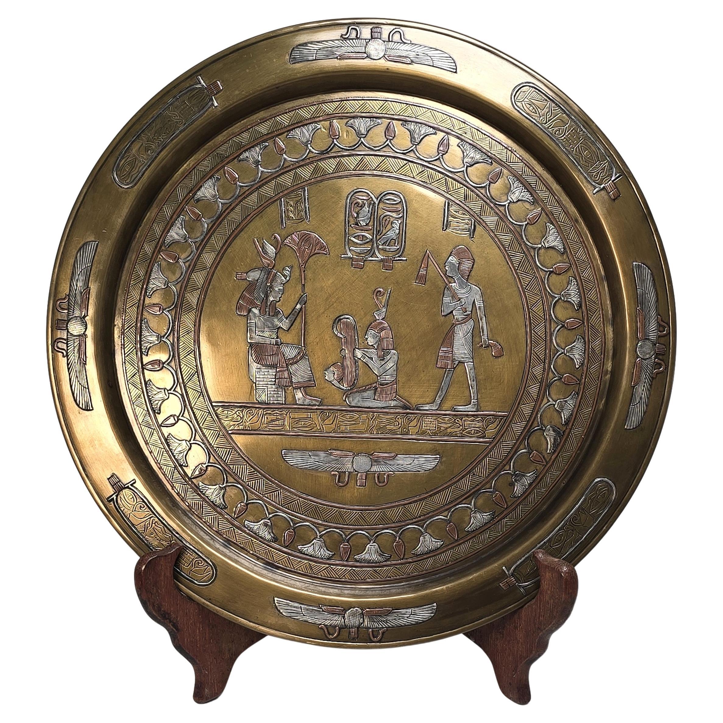 19th century Egyptian Grand Tour Cairo Ware silver inlay charger.