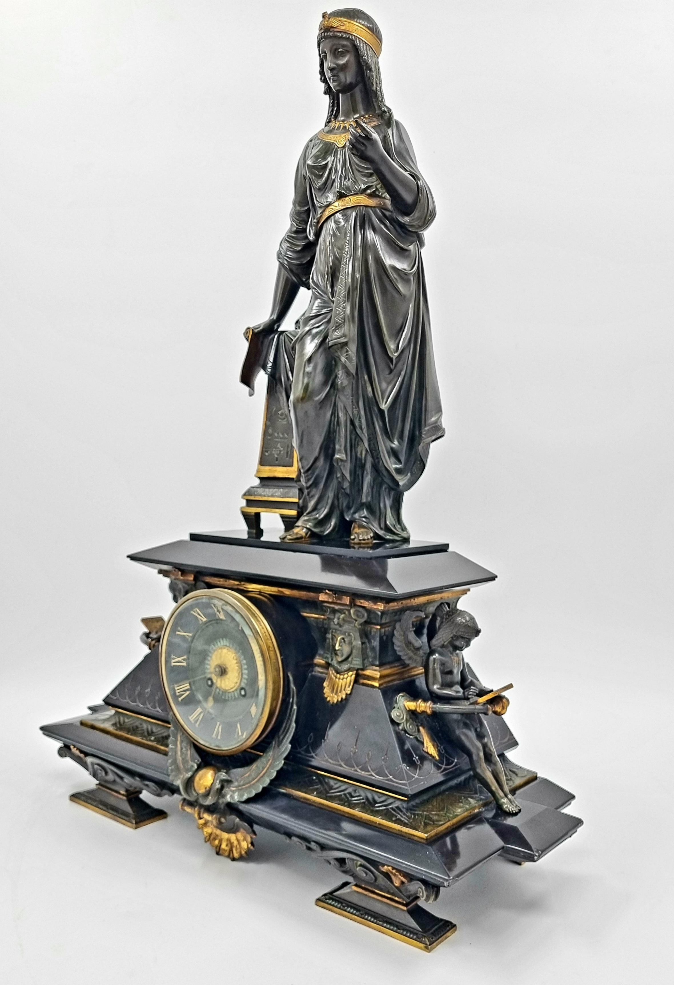 French 19th Century Egyptian Revival Clock with Bronze Sculpture of Isis For Sale