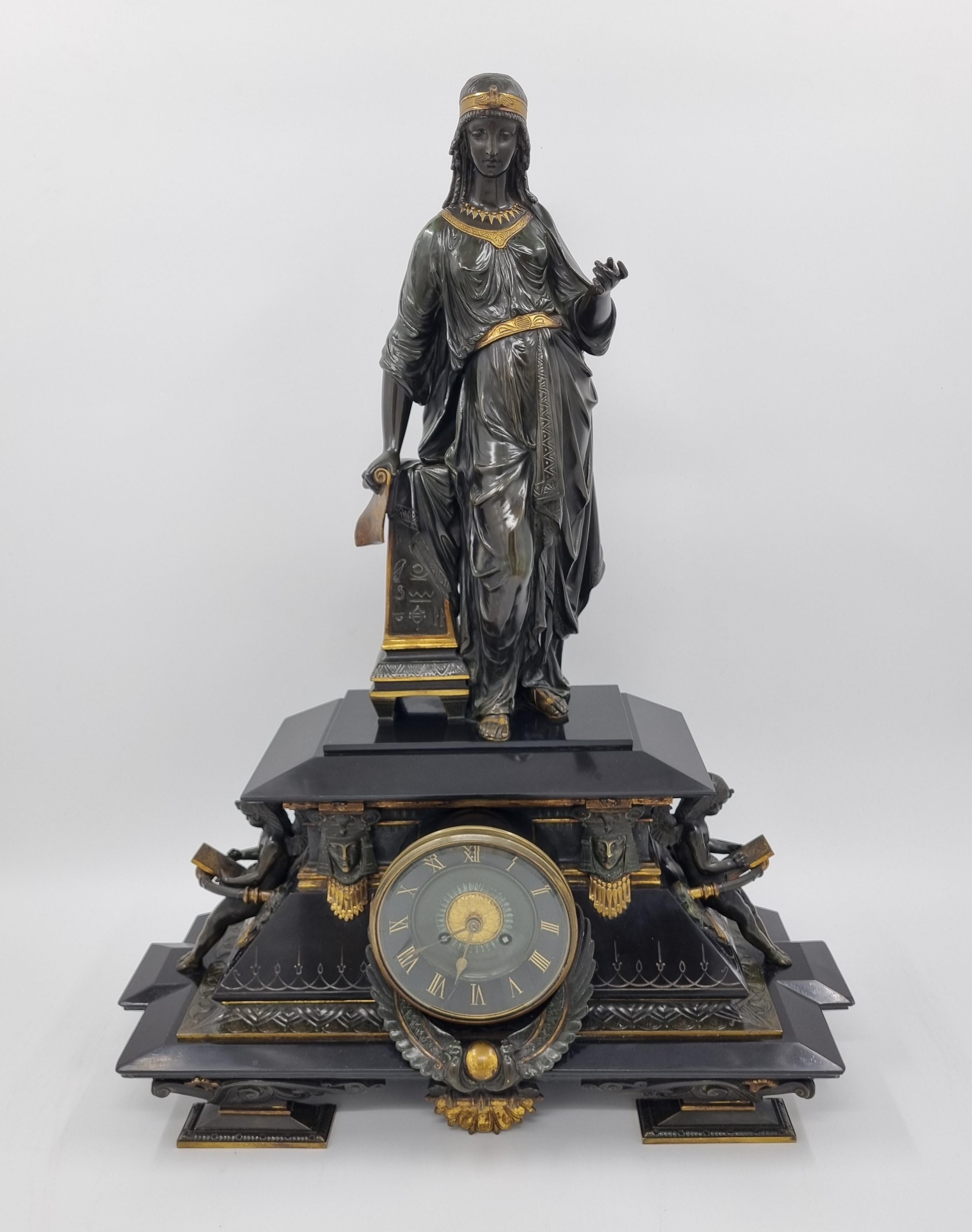 Cast 19th Century Egyptian Revival Clock with Bronze Sculpture of Isis For Sale