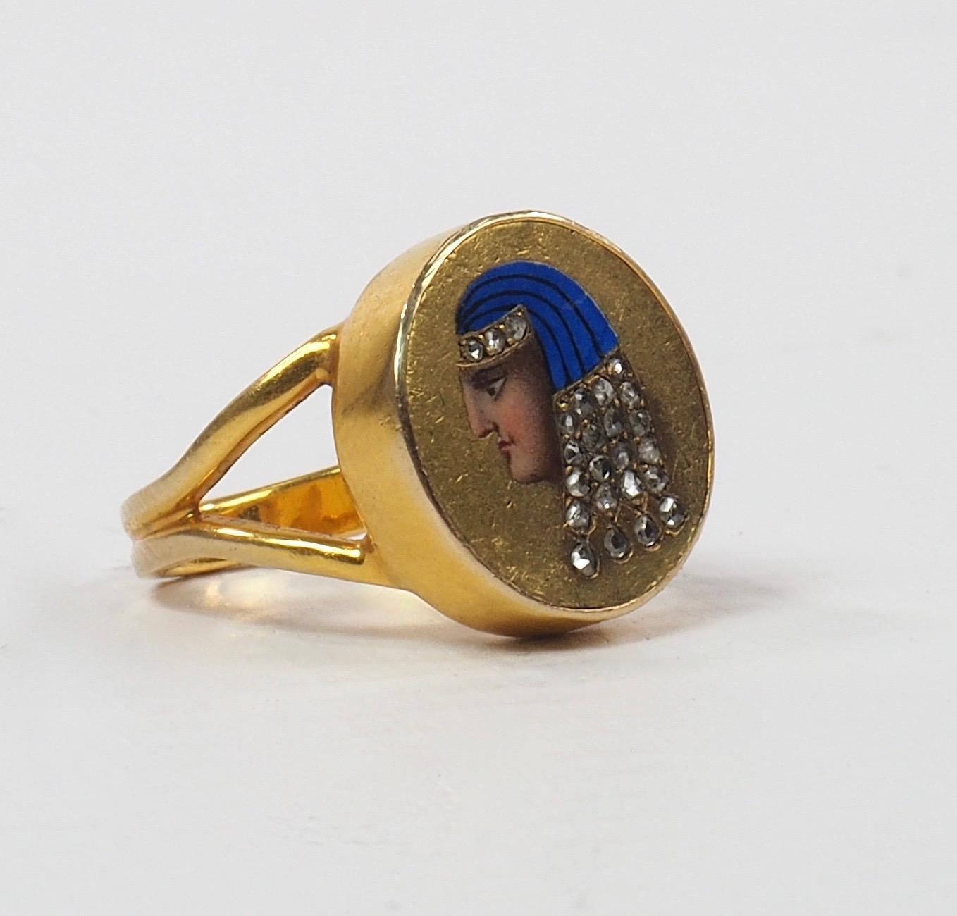 Women's or Men's 19th Century Egyptian Revival Enamel and Diamond Ring