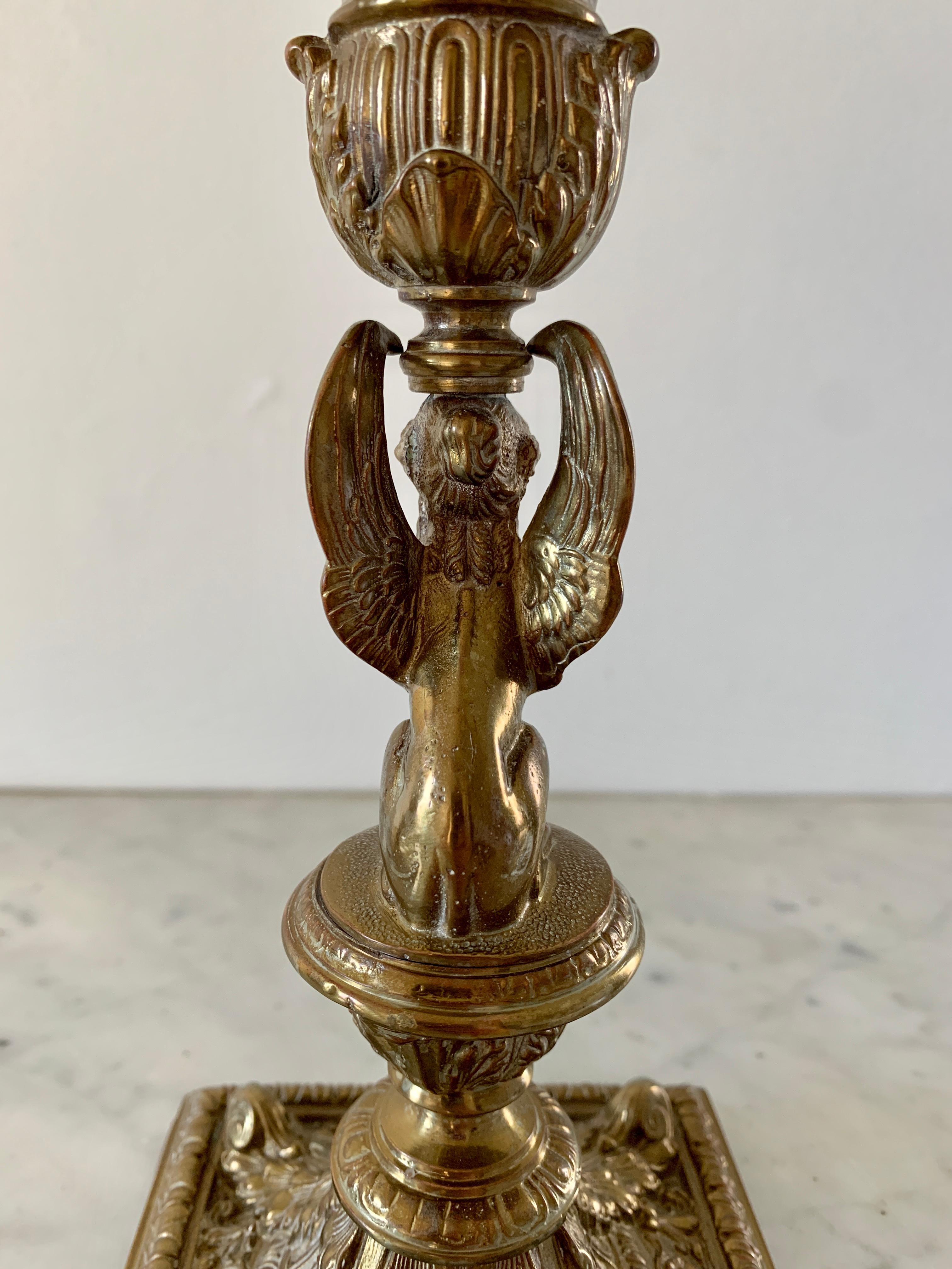 19th Century Egyptian Revival Gilt Bronze Sphinx Candlestick Holders, Pair For Sale 7
