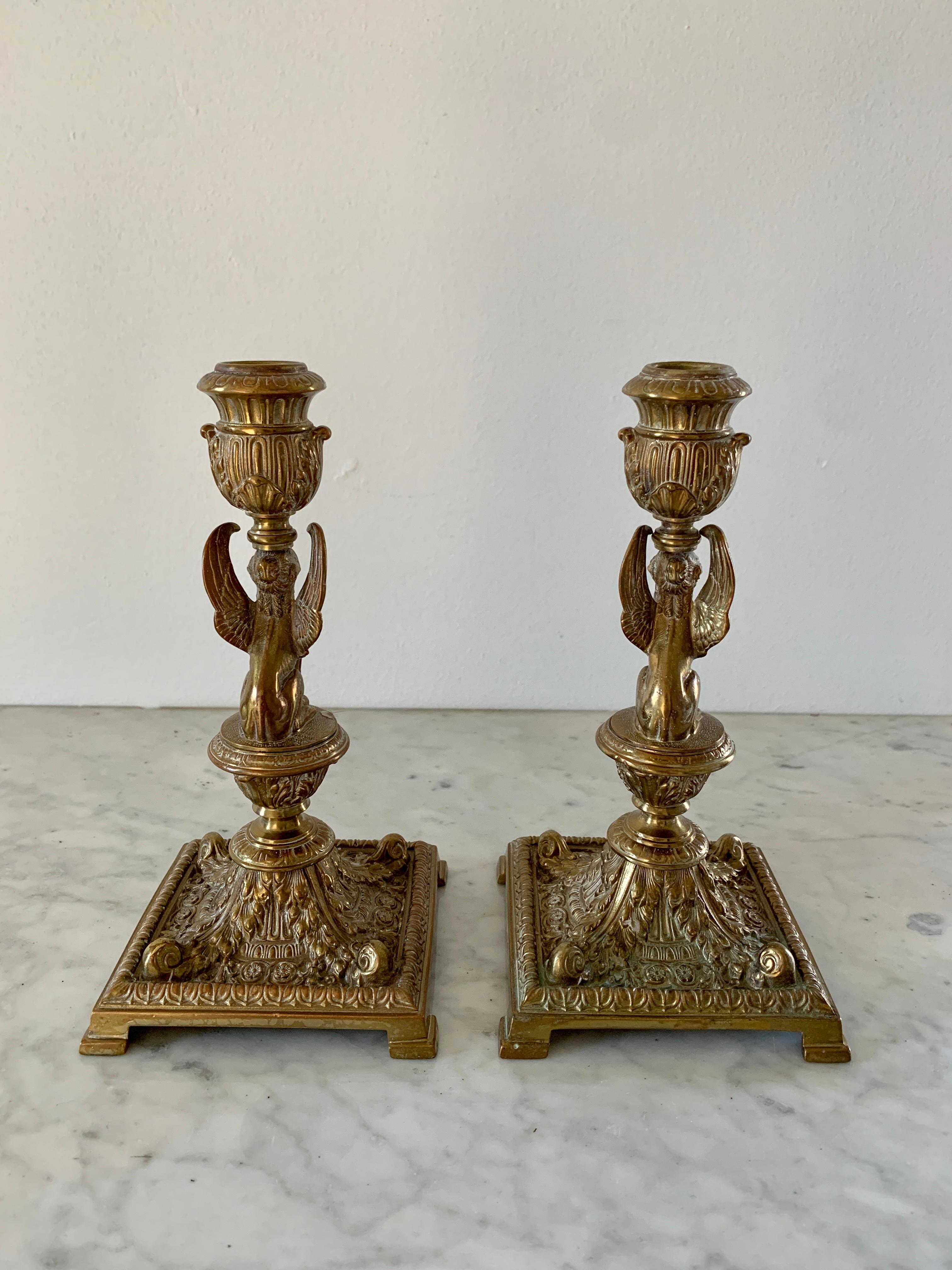 19th Century Egyptian Revival Gilt Bronze Sphinx Candlestick Holders, Pair In Good Condition For Sale In Elkhart, IN
