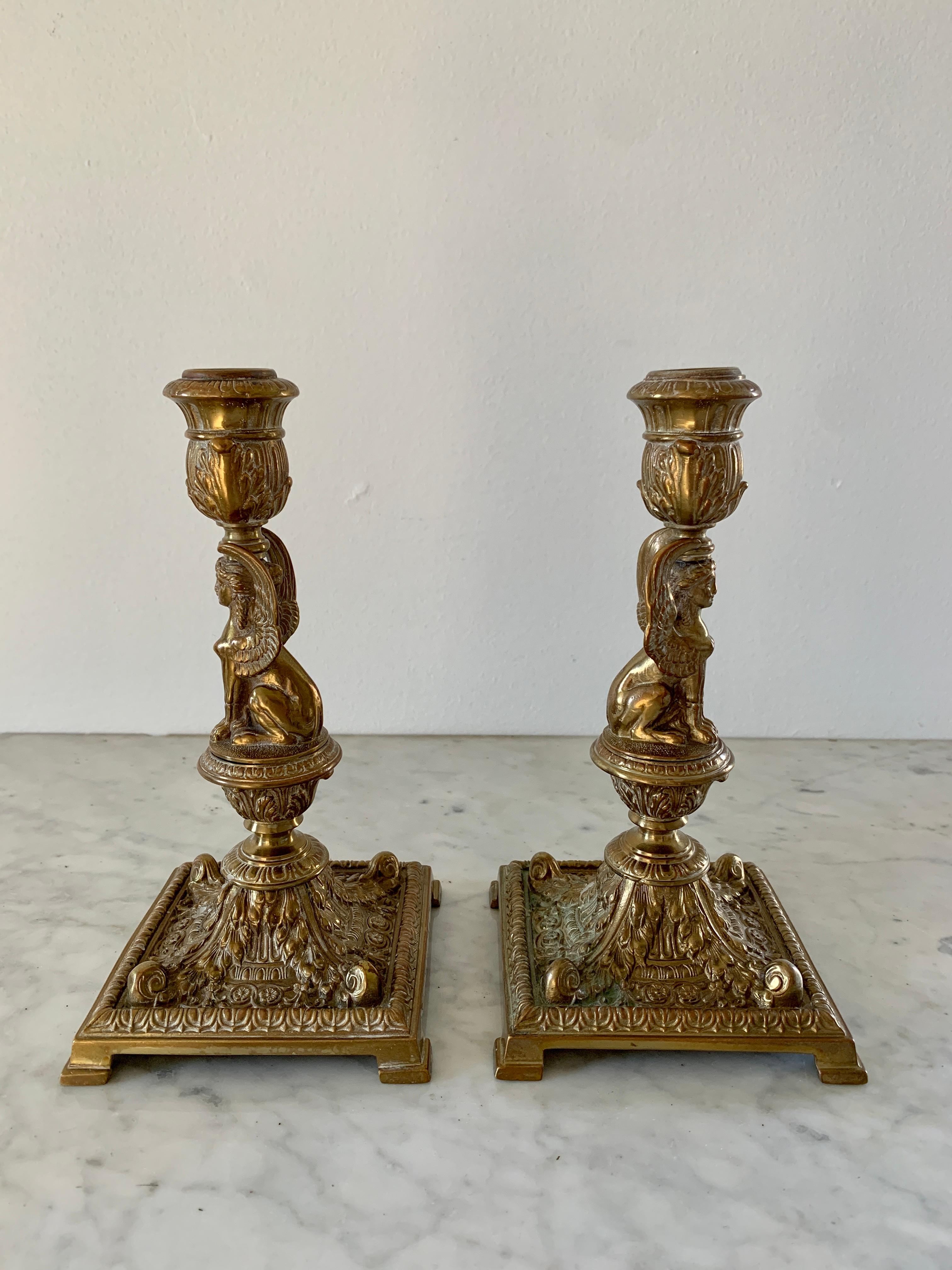 19th Century Egyptian Revival Gilt Bronze Sphinx Candlestick Holders, Pair For Sale 1