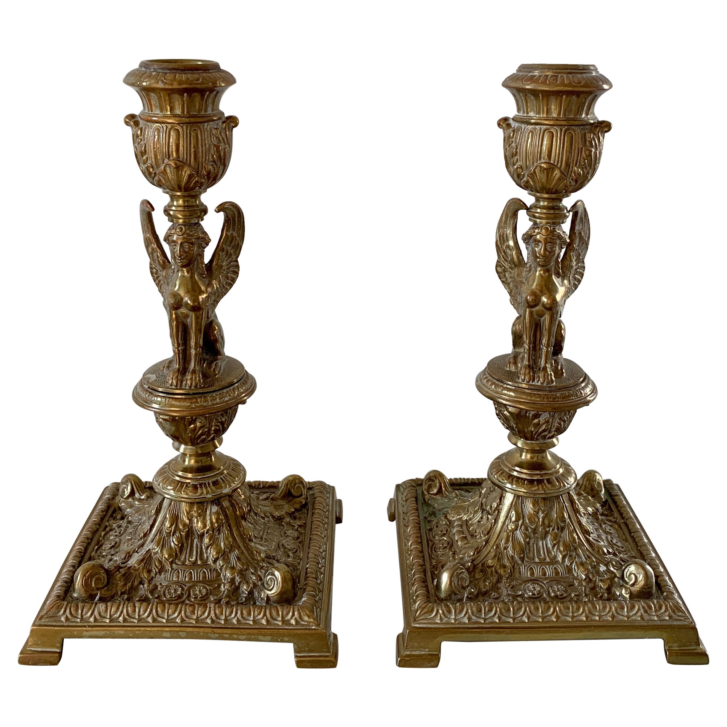 19th Century Egyptian Revival Gilt Bronze Sphinx Candlestick Holders, Pair