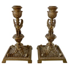 19th Century Egyptian Revival Gilt Bronze Sphinx Candlestick Holders, Pair
