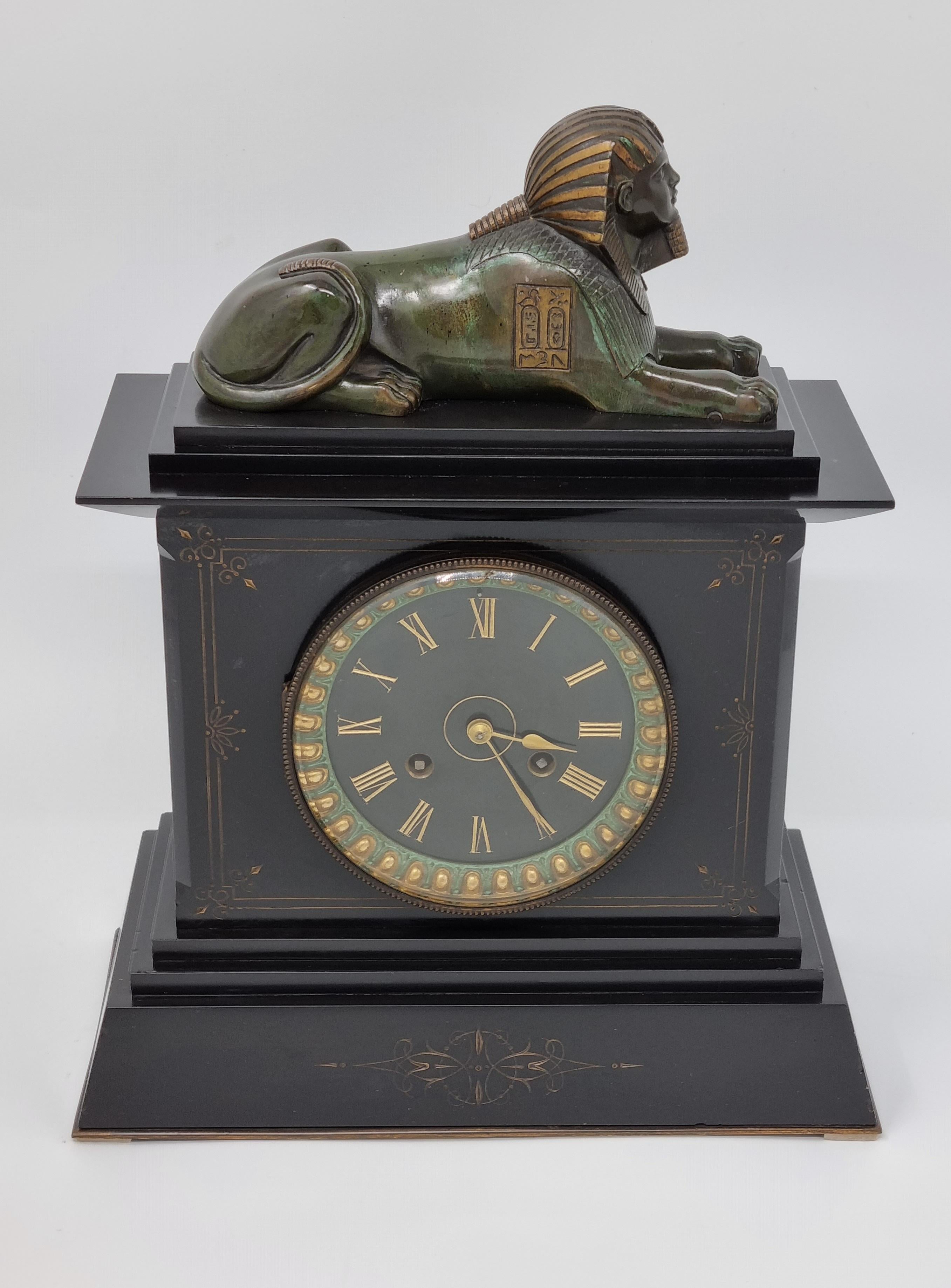 19th Century Egyptian Revival Mantel Clock With Bronze Sphinx 6