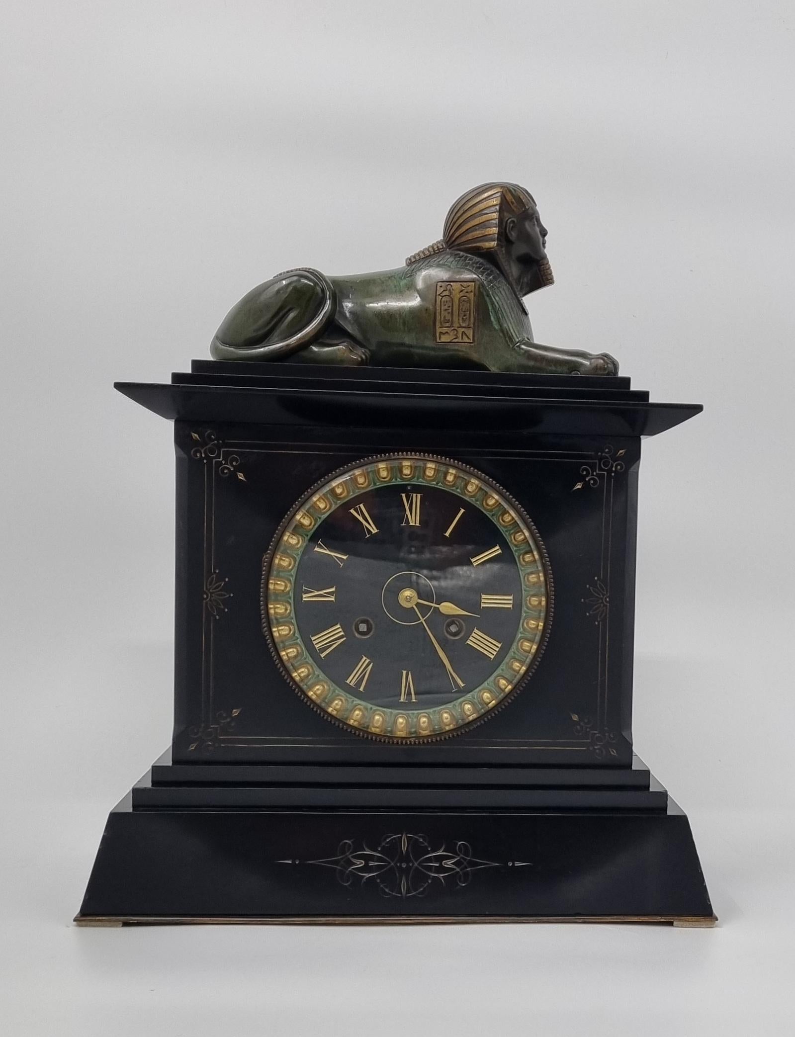 19th Century Egyptian Revival Mantel Clock With Bronze Sphinx 7