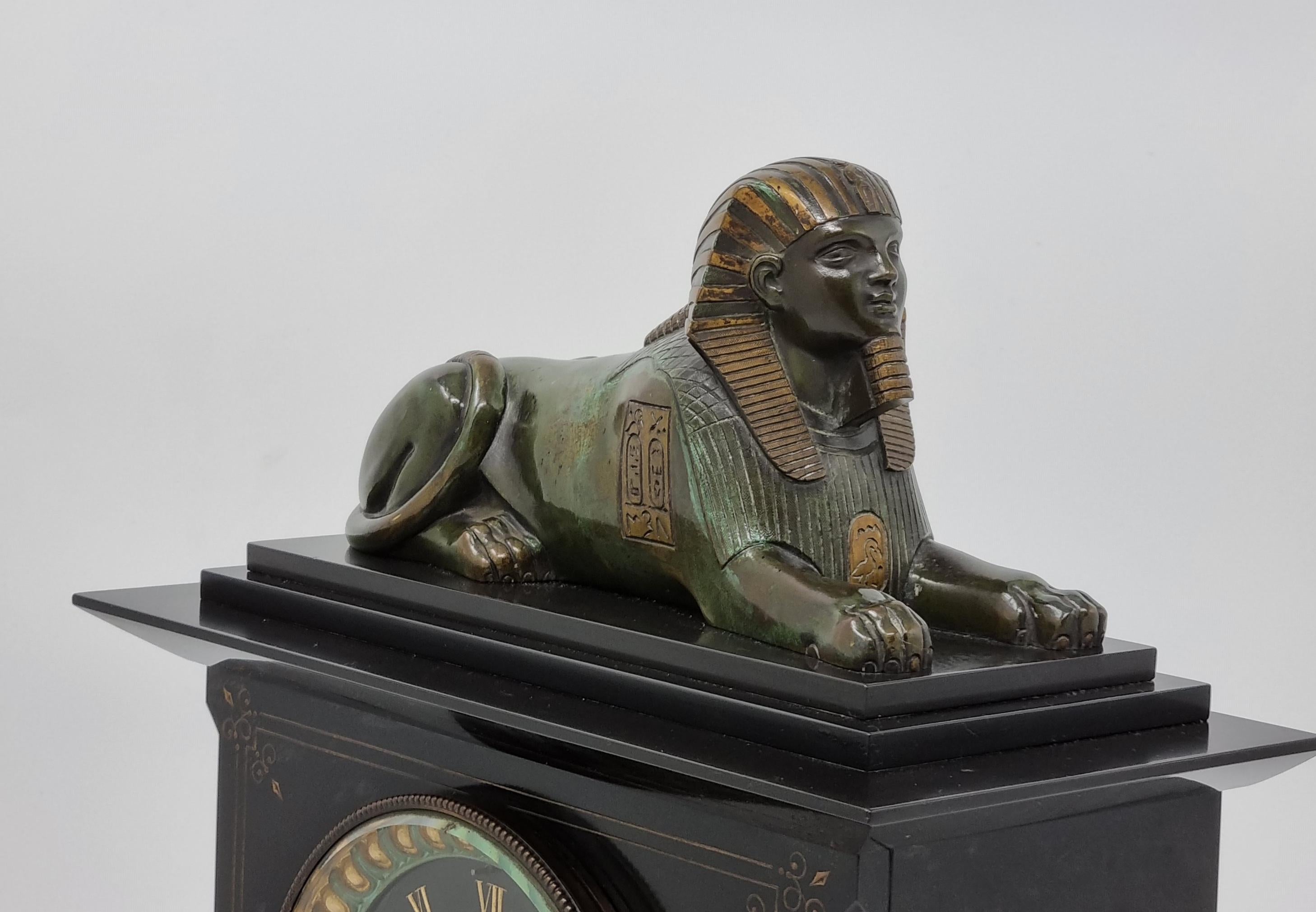 Cast 19th Century Egyptian Revival Mantel Clock With Bronze Sphinx
