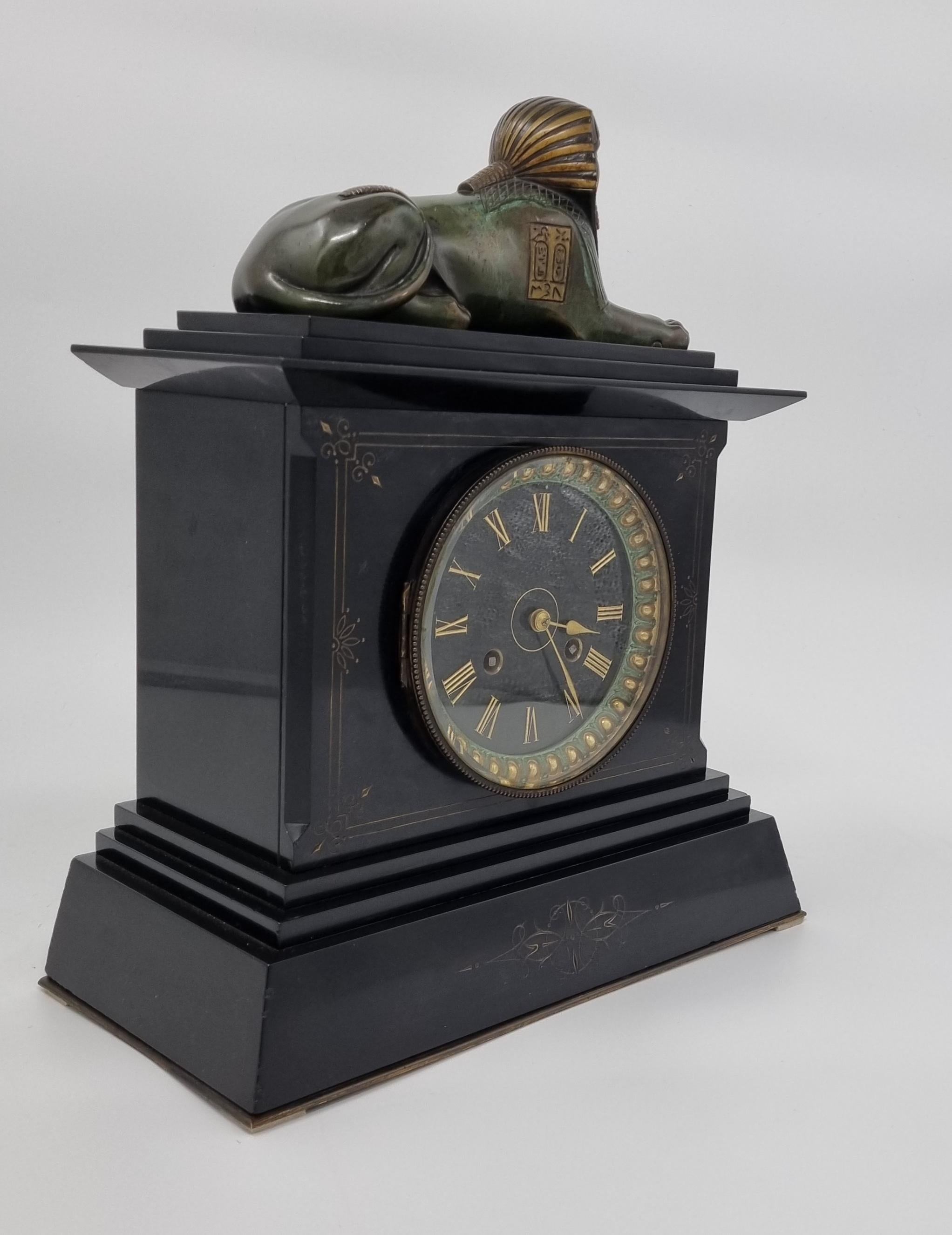 19th Century Egyptian Revival Mantel Clock With Bronze Sphinx 3