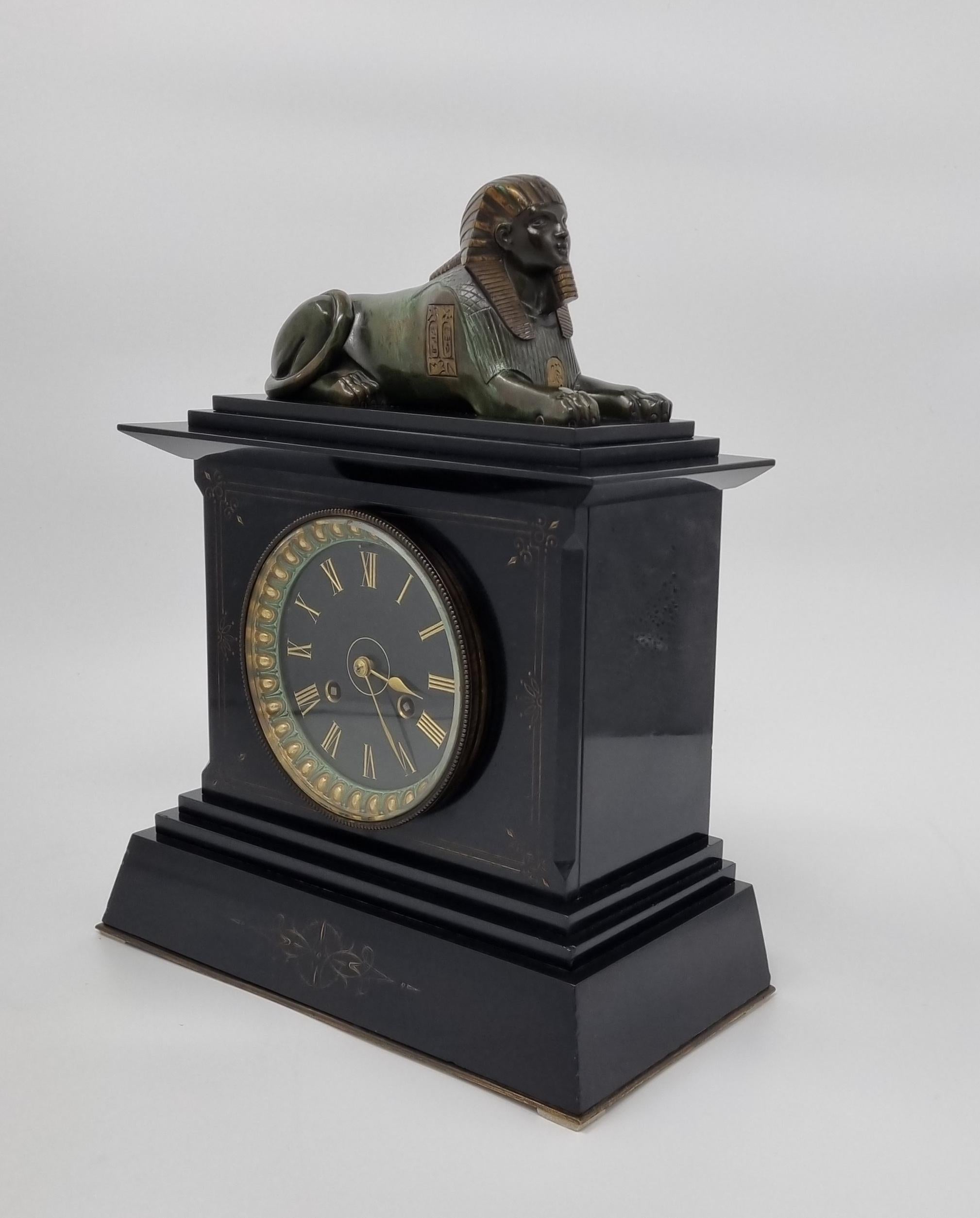 19th Century Egyptian Revival Mantel Clock With Bronze Sphinx 4
