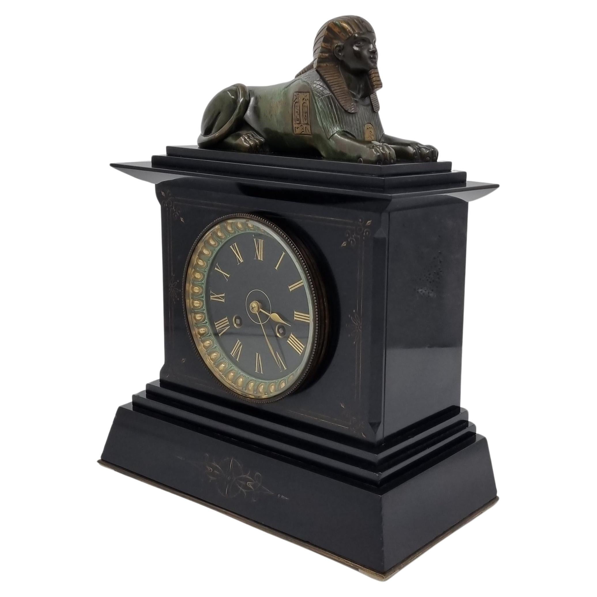 19th Century Egyptian Revival Mantel Clock With Bronze Sphinx