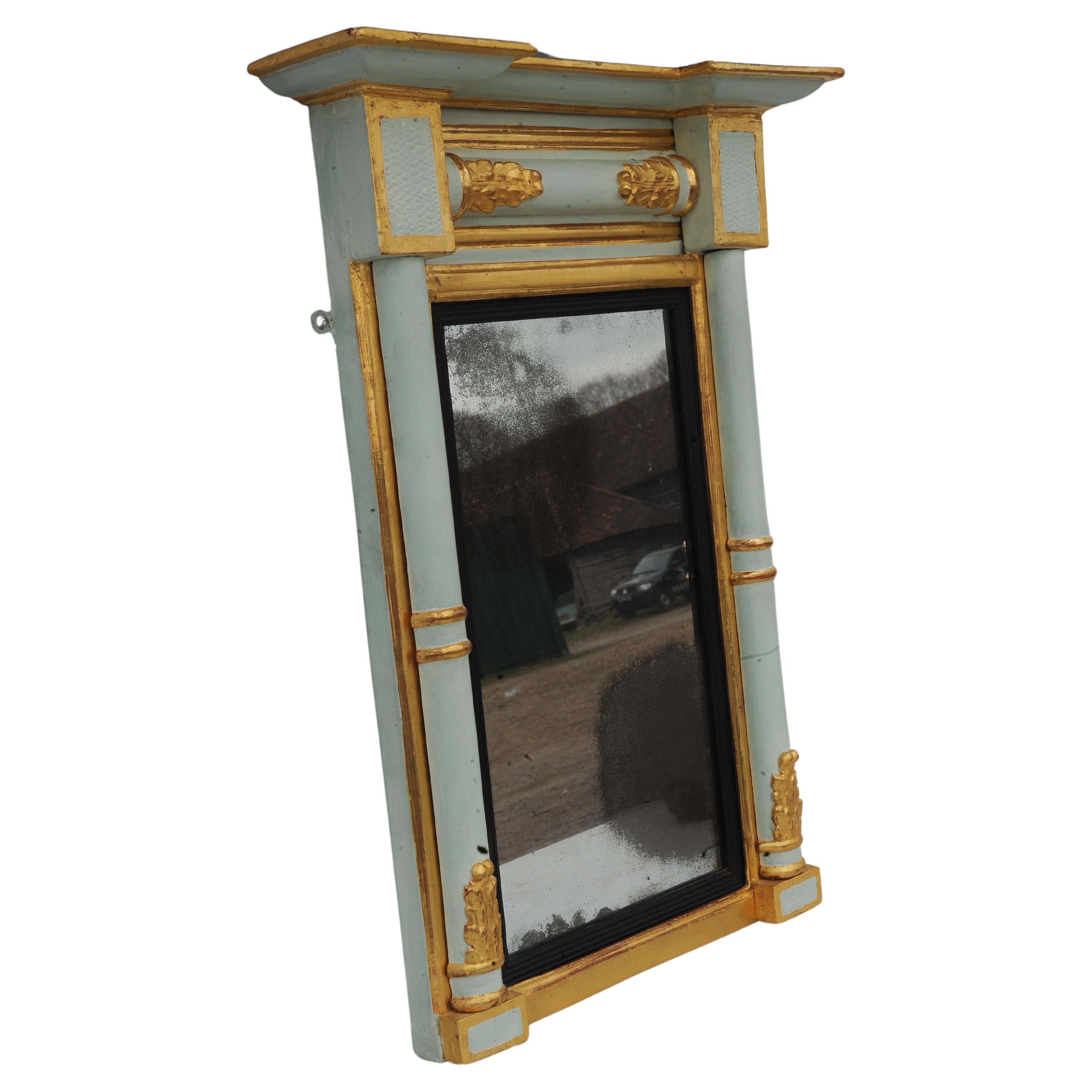 French 19th Century Egyptian Revival Pale Blue Hand Painted Parcel Gilt Pier Mirror For Sale