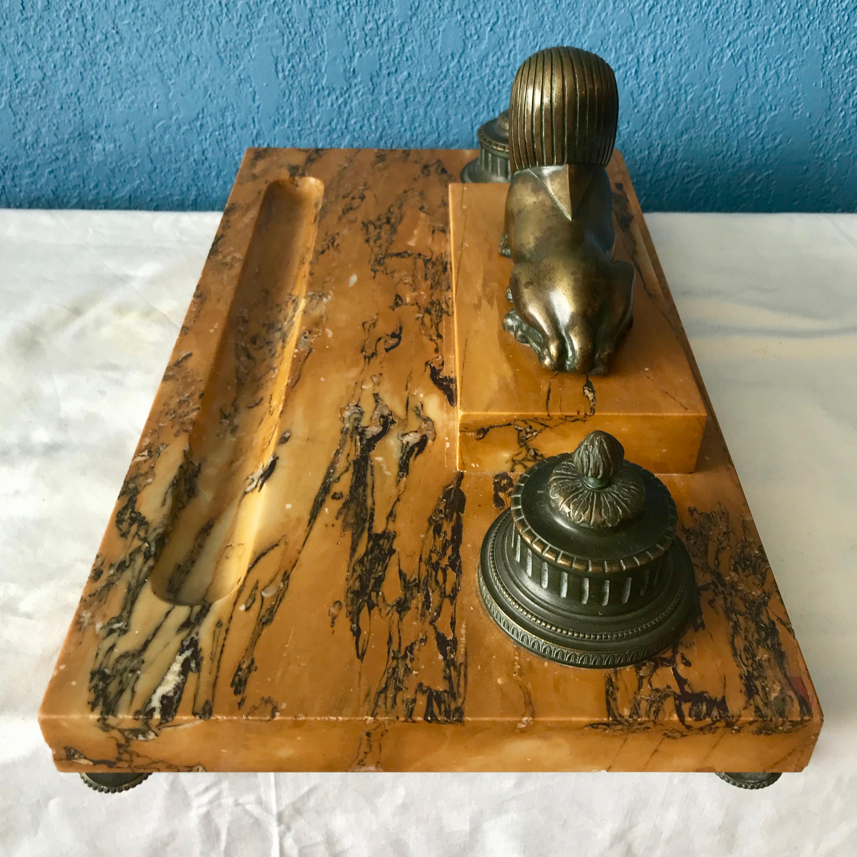 19th Century Egyptian Revival Sienna Marble Inkstand 9