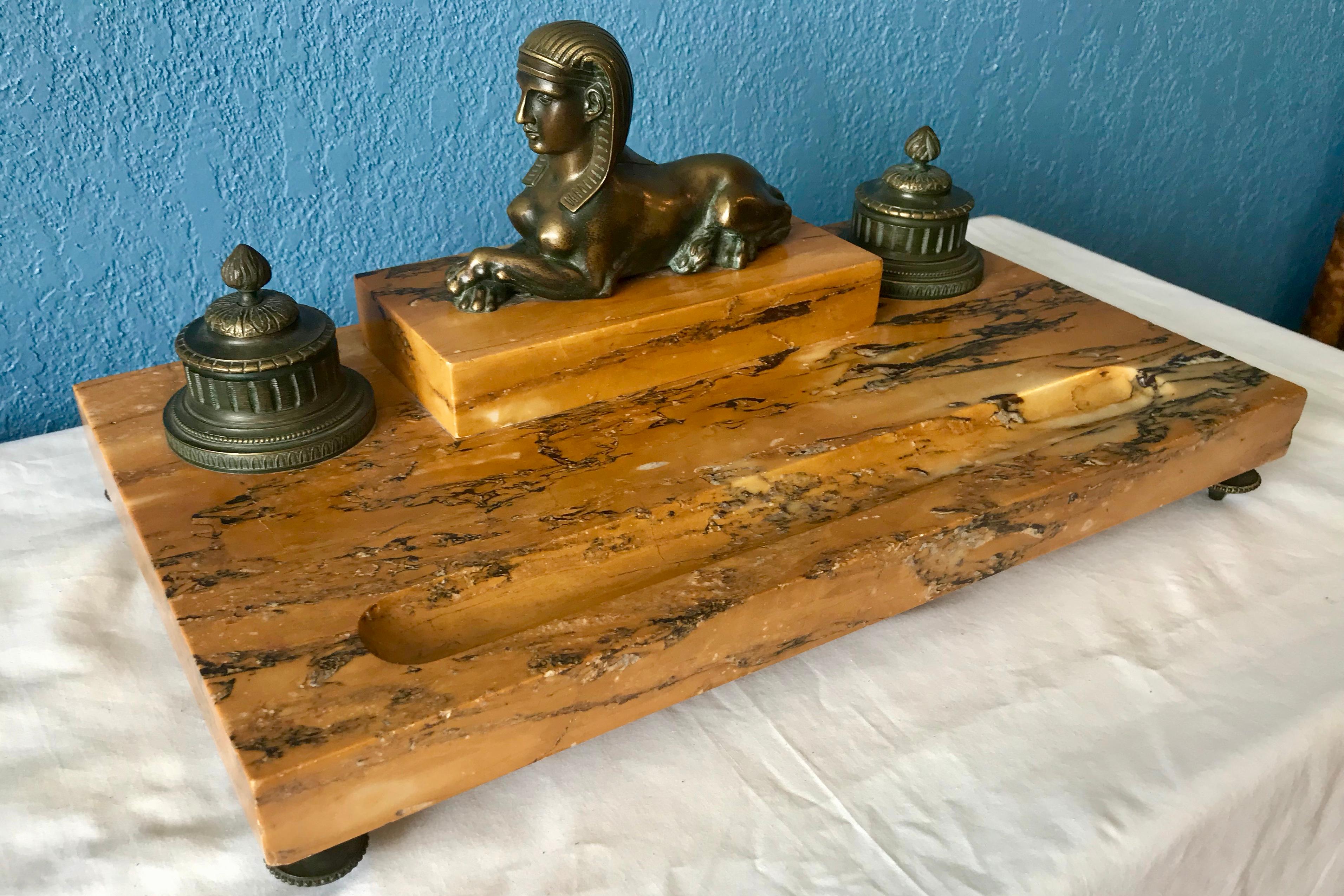 French 19th Century Egyptian Revival Sienna Marble Inkstand