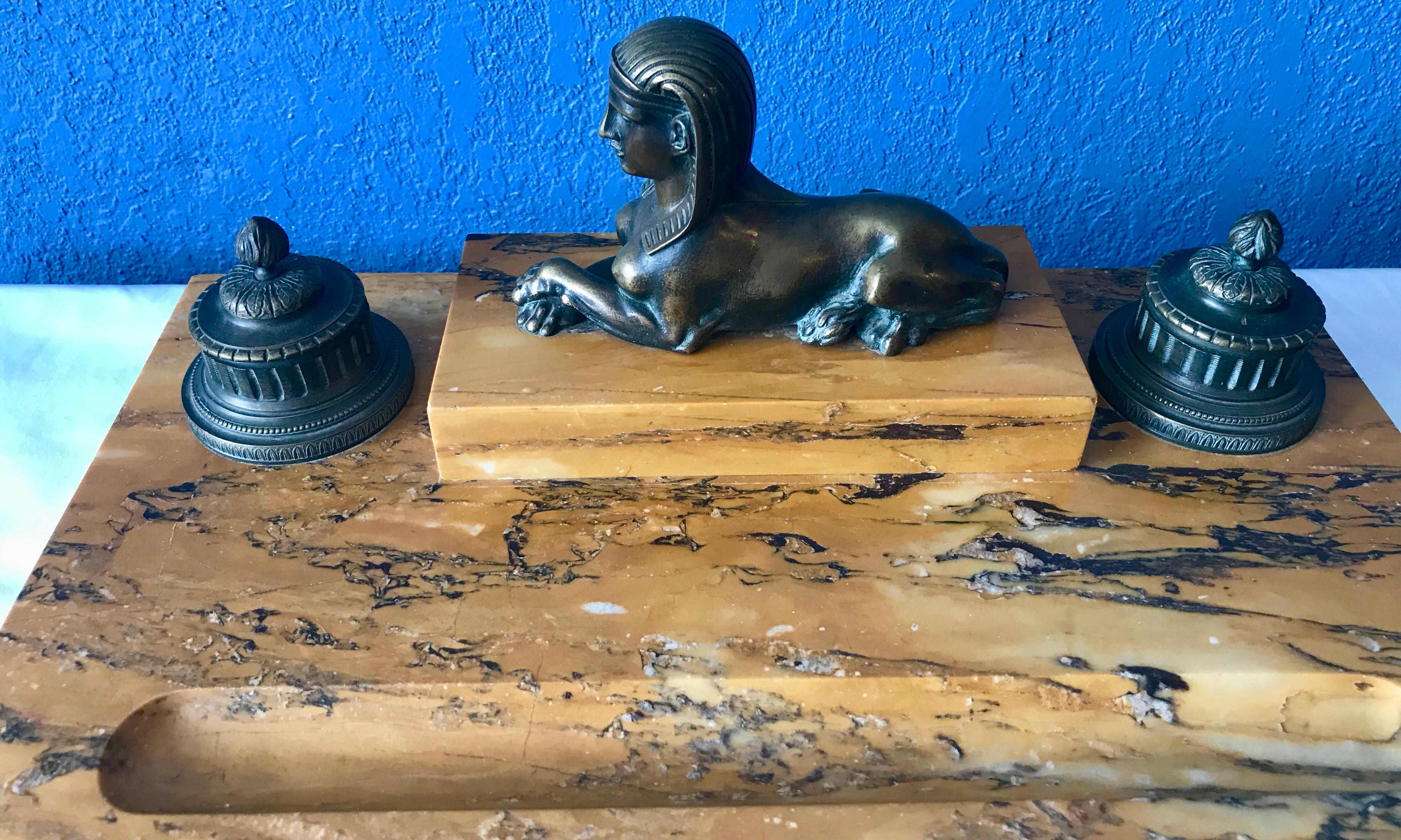19th Century Egyptian Revival Sienna Marble Inkstand In Good Condition In West Palm Beach, FL